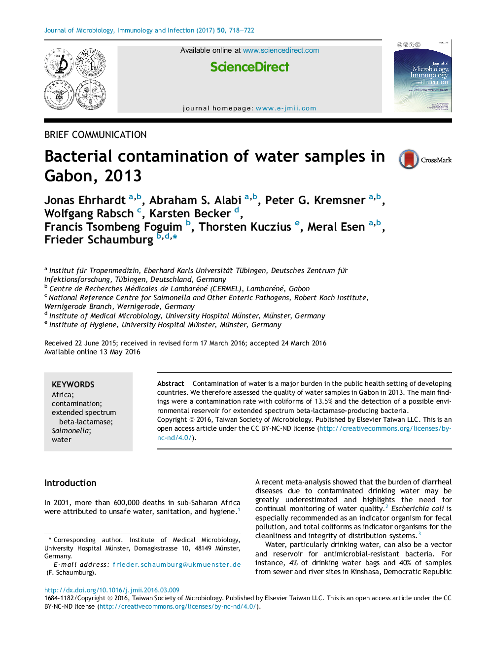 Bacterial contamination of water samples in Gabon, 2013