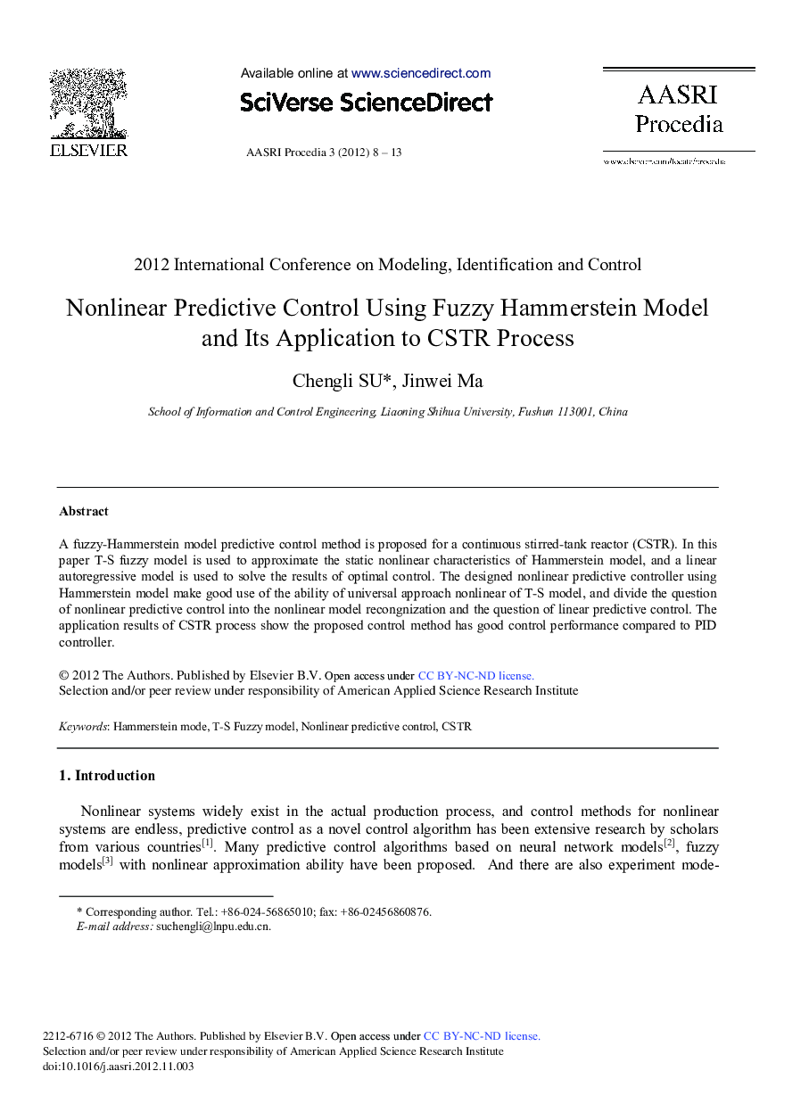 Nonlinear Predictive Control Using Fuzzy Hammerstein Model and Its Application to CSTR Process 