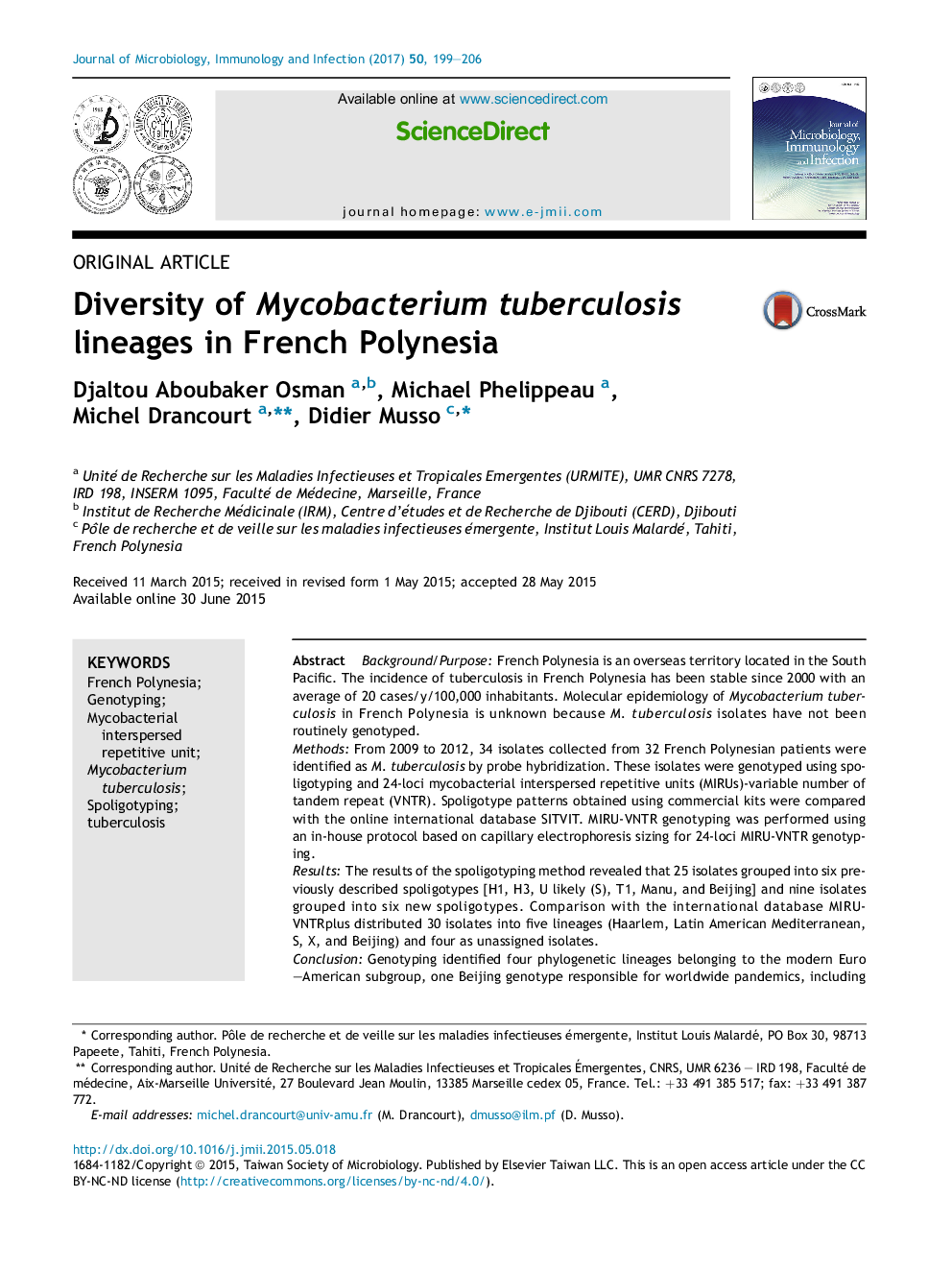 Diversity of Mycobacterium tuberculosis lineages in French Polynesia