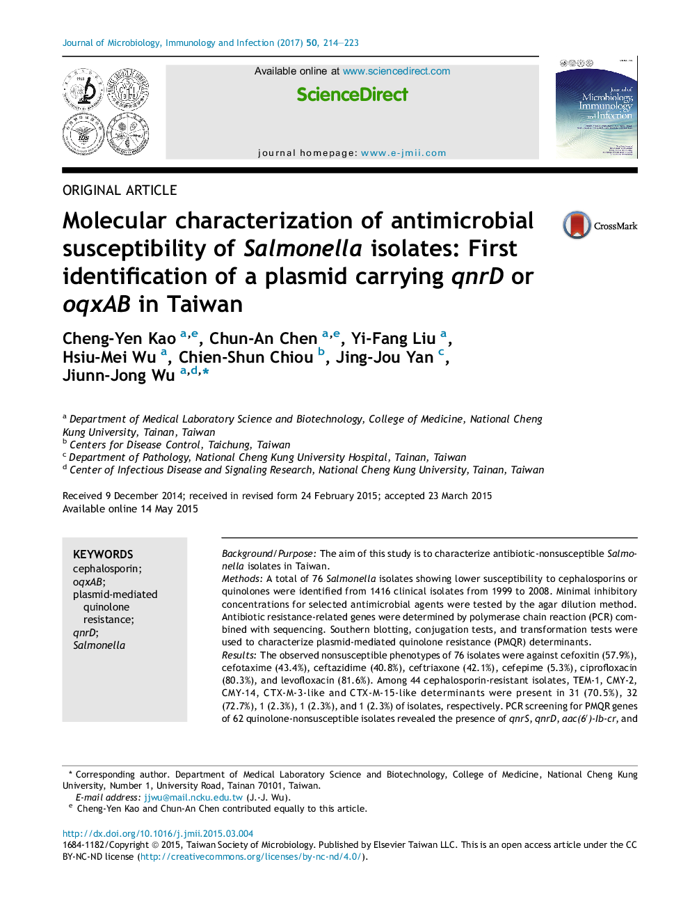 Molecular characterization of antimicrobial susceptibility of Salmonella isolates: First identification of a plasmid carrying qnrD or oqxAB in Taiwan