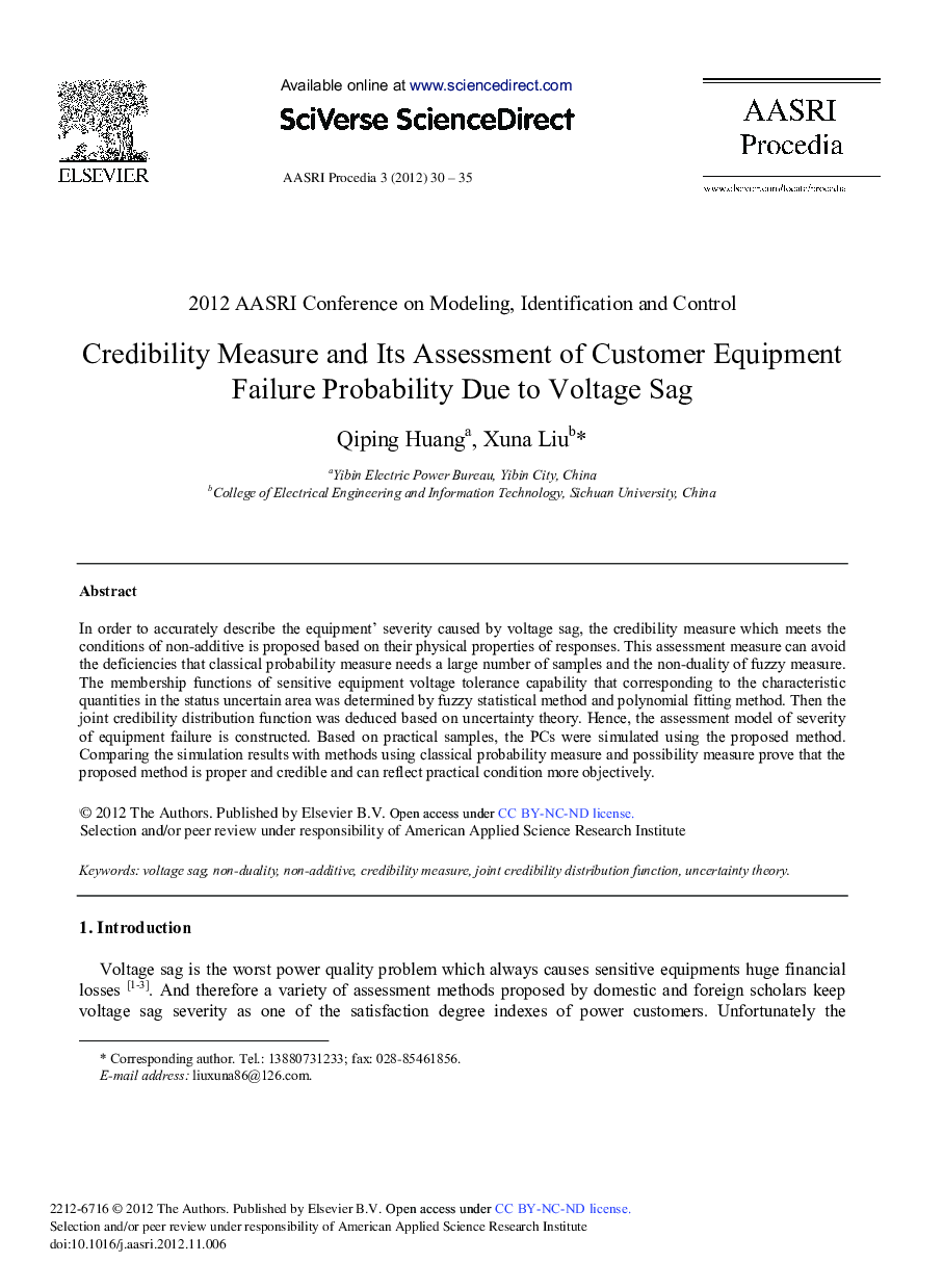 Credibility Measure and Its Assessment of Customer Equipment Failure Probability Due to Voltage Sag 