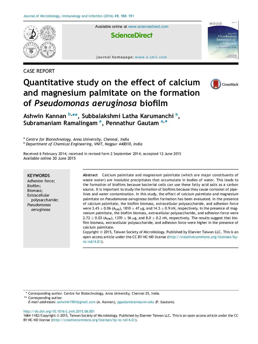 Quantitative study on the effect of calcium and magnesium palmitate on the formation of Pseudomonas aeruginosa biofilm