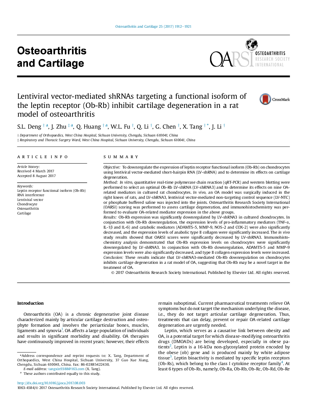 Lentiviral vector-mediated shRNAs targeting a functional isoform of the leptin receptor (Ob-Rb) inhibit cartilage degeneration in a rat model of osteoarthritis