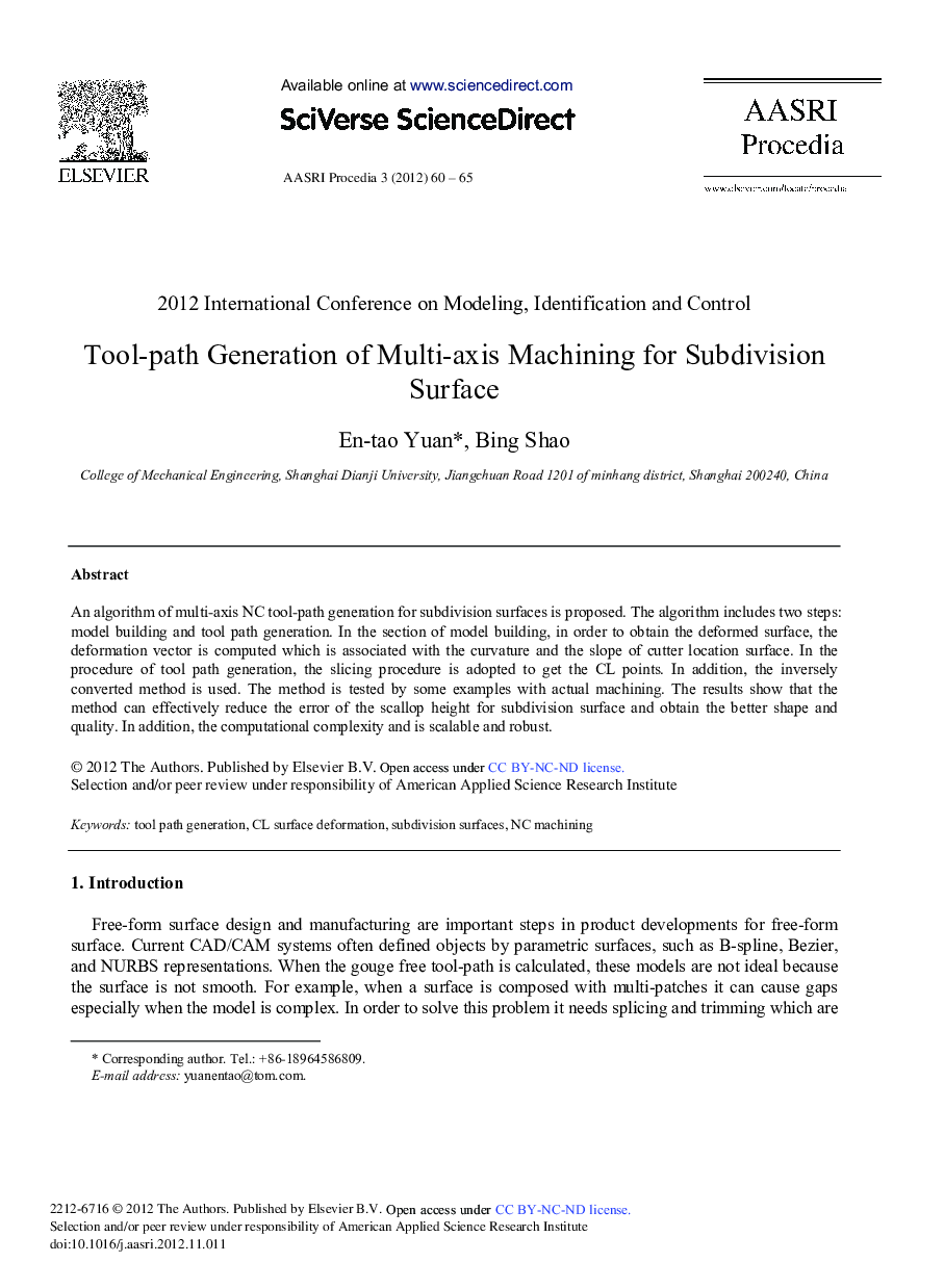 عکس صفحه اول مقاله: Tool-path Generation of Multi-axis Machining for Subdivision Surface Tool-path Generation of Multi-axis Machining for Subdivision Surface