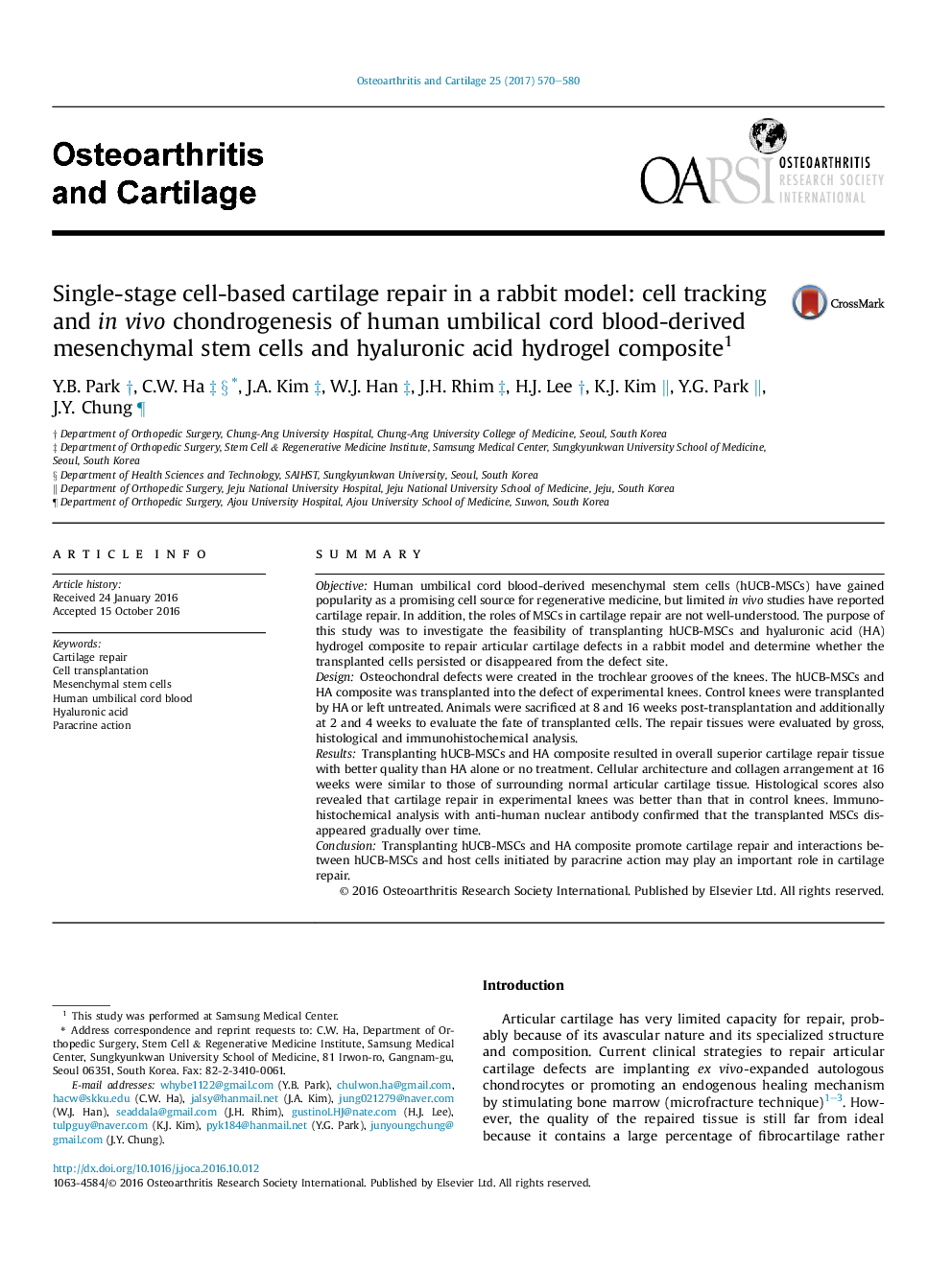 Single-stage cell-based cartilage repair in a rabbit model: cell tracking and inÂ vivo chondrogenesis of human umbilical cord blood-derived mesenchymal stem cells and hyaluronic acid hydrogel composite1