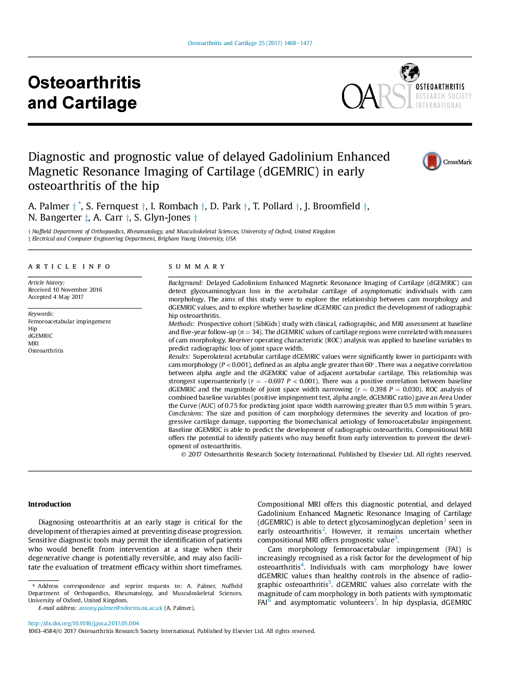 Diagnostic and prognostic value of delayed Gadolinium Enhanced Magnetic Resonance Imaging of Cartilage (dGEMRIC) in early osteoarthritis of the hip