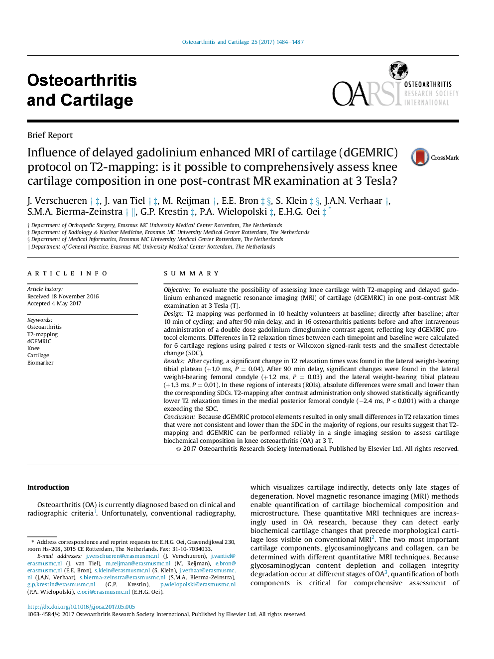 Influence of delayed gadolinium enhanced MRI of cartilage (dGEMRIC) protocol on T2-mapping: is it possible to comprehensively assess knee cartilage composition in one post-contrast MR examination at 3 Tesla?