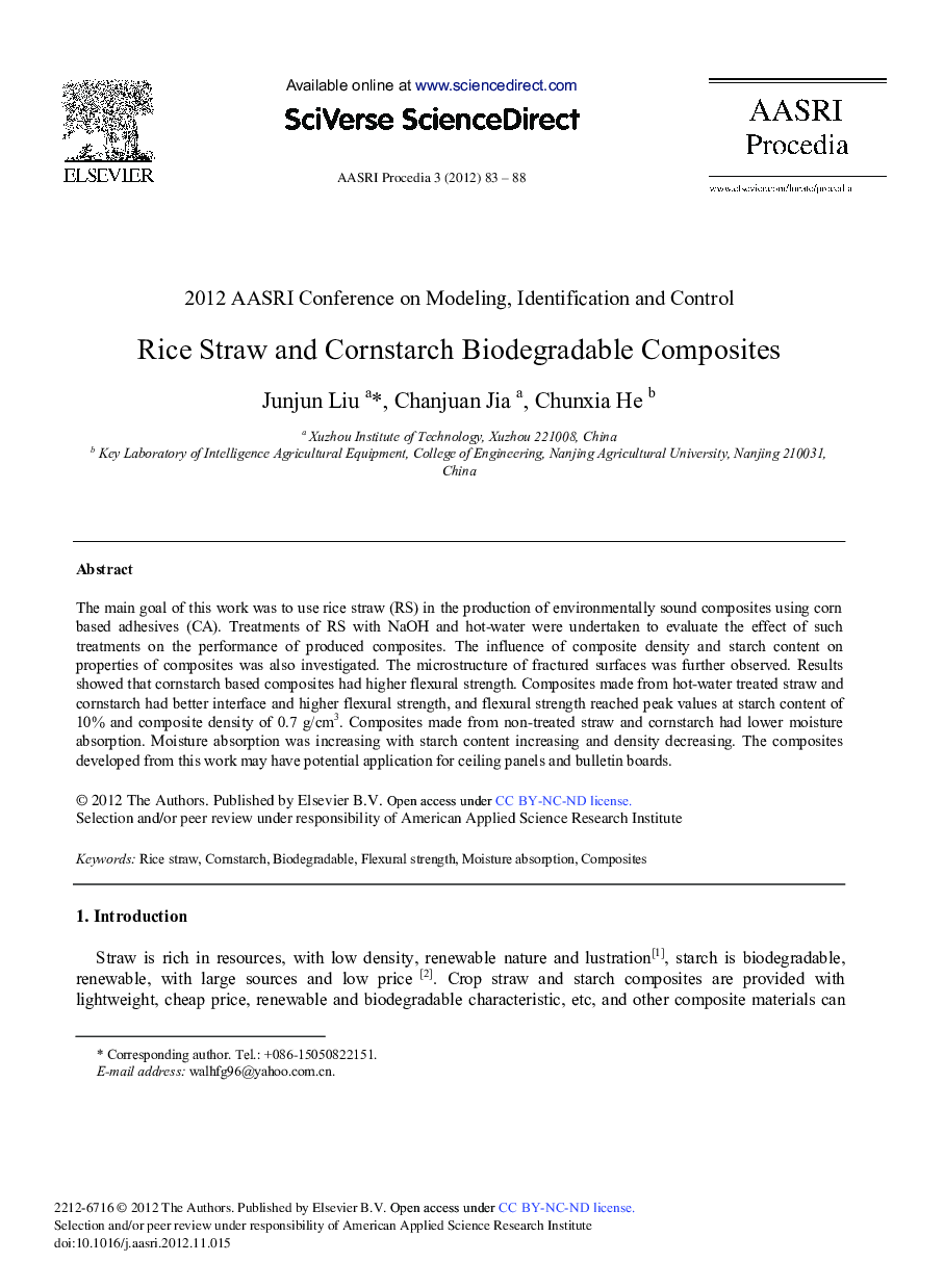 Rice Straw and Cornstarch Biodegradable Composites 