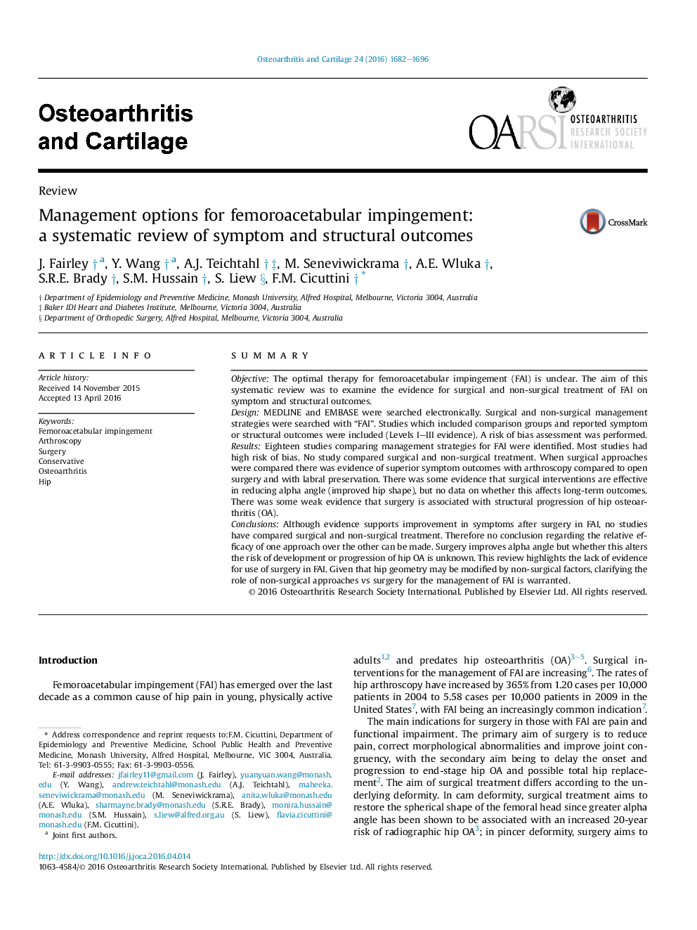 Management options for femoroacetabular impingement: aÂ systematic review of symptom and structural outcomes