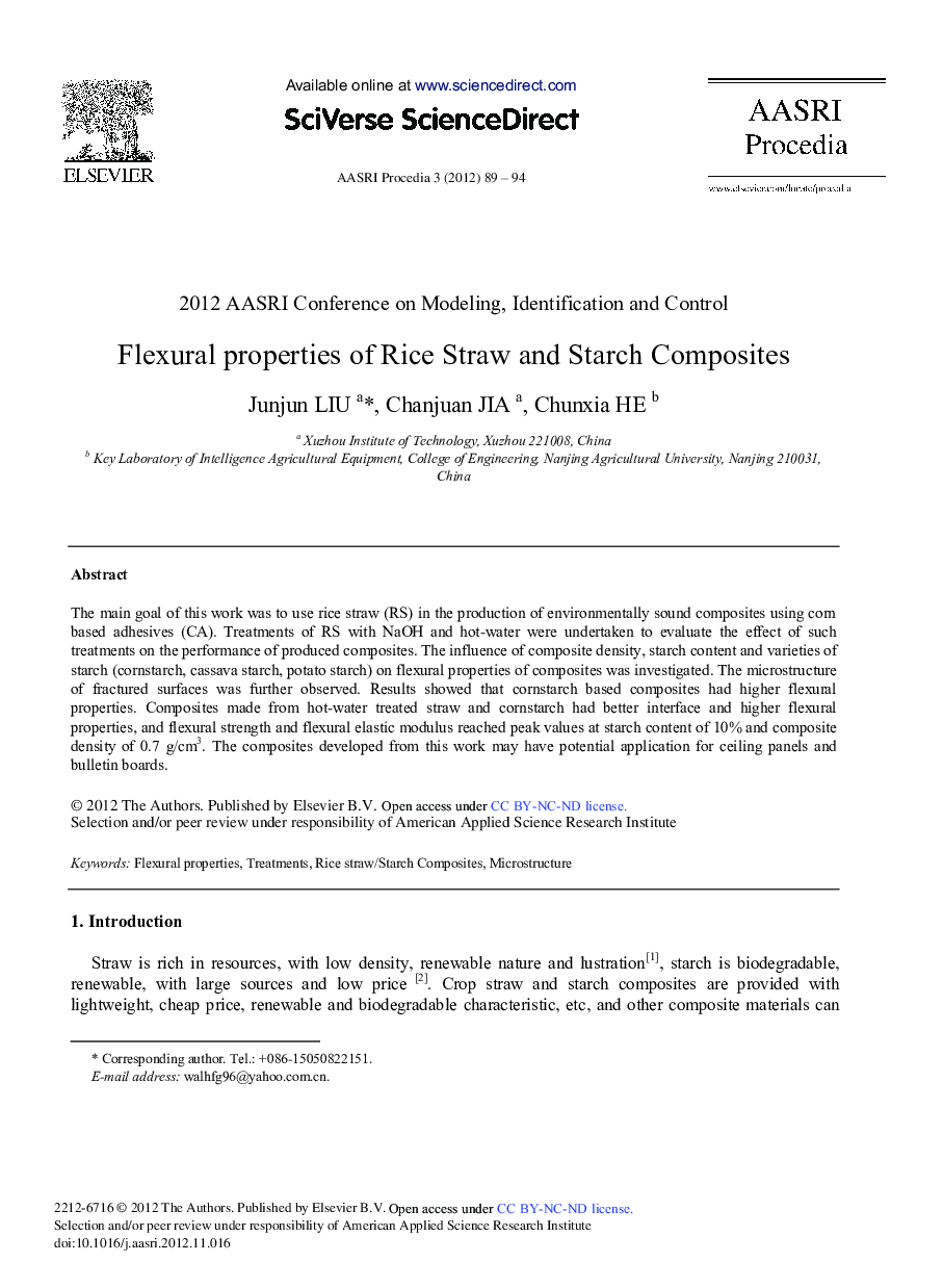 Flexural Properties of Rice Straw and Starch Composites 