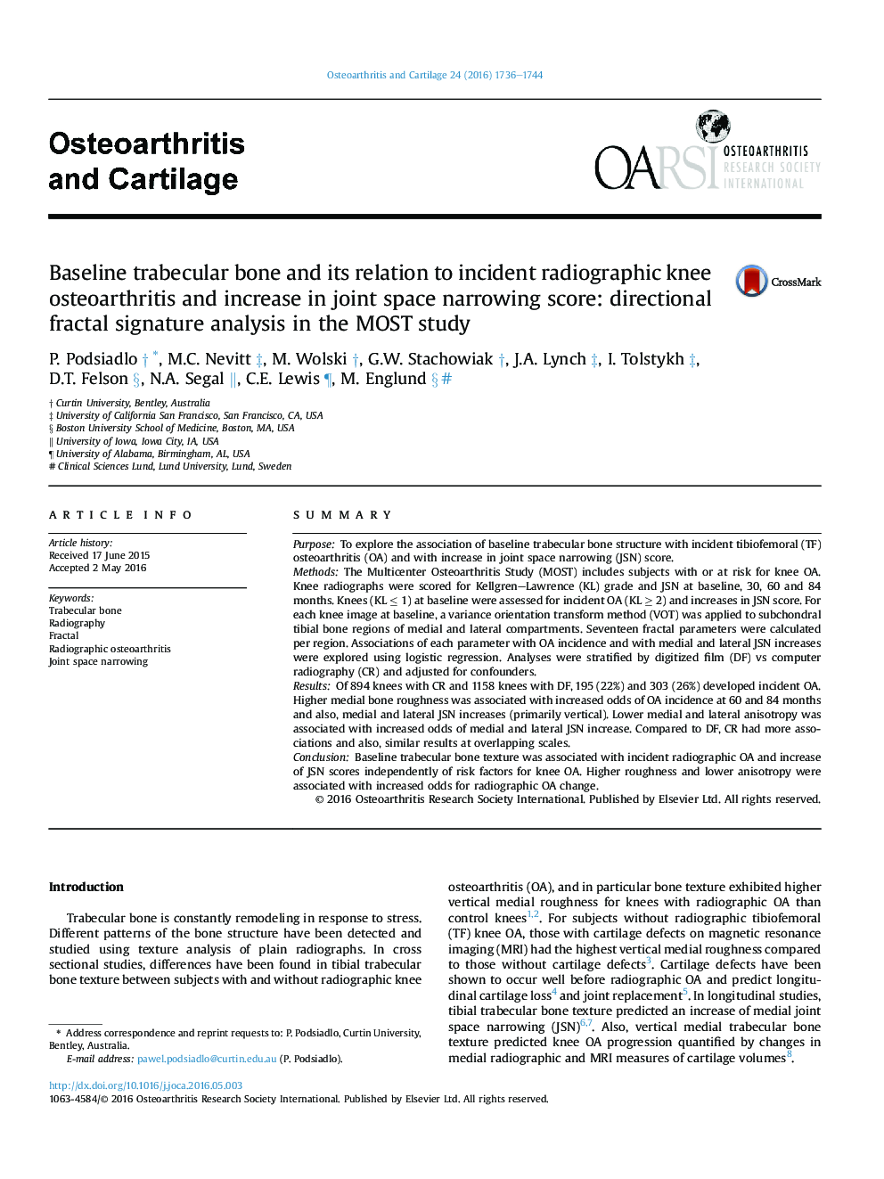 Baseline trabecular bone and its relation to incident radiographic knee osteoarthritis and increase in joint space narrowing score: directional fractal signature analysis in the MOST study