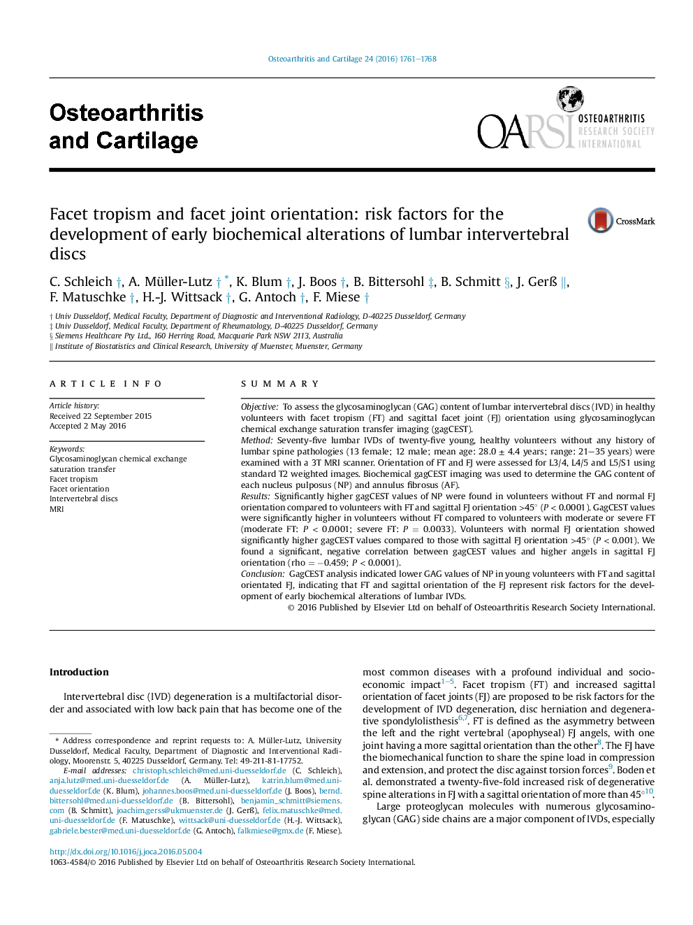 Facet tropism and facet joint orientation: risk factors for the development of early biochemical alterations of lumbar intervertebral discs