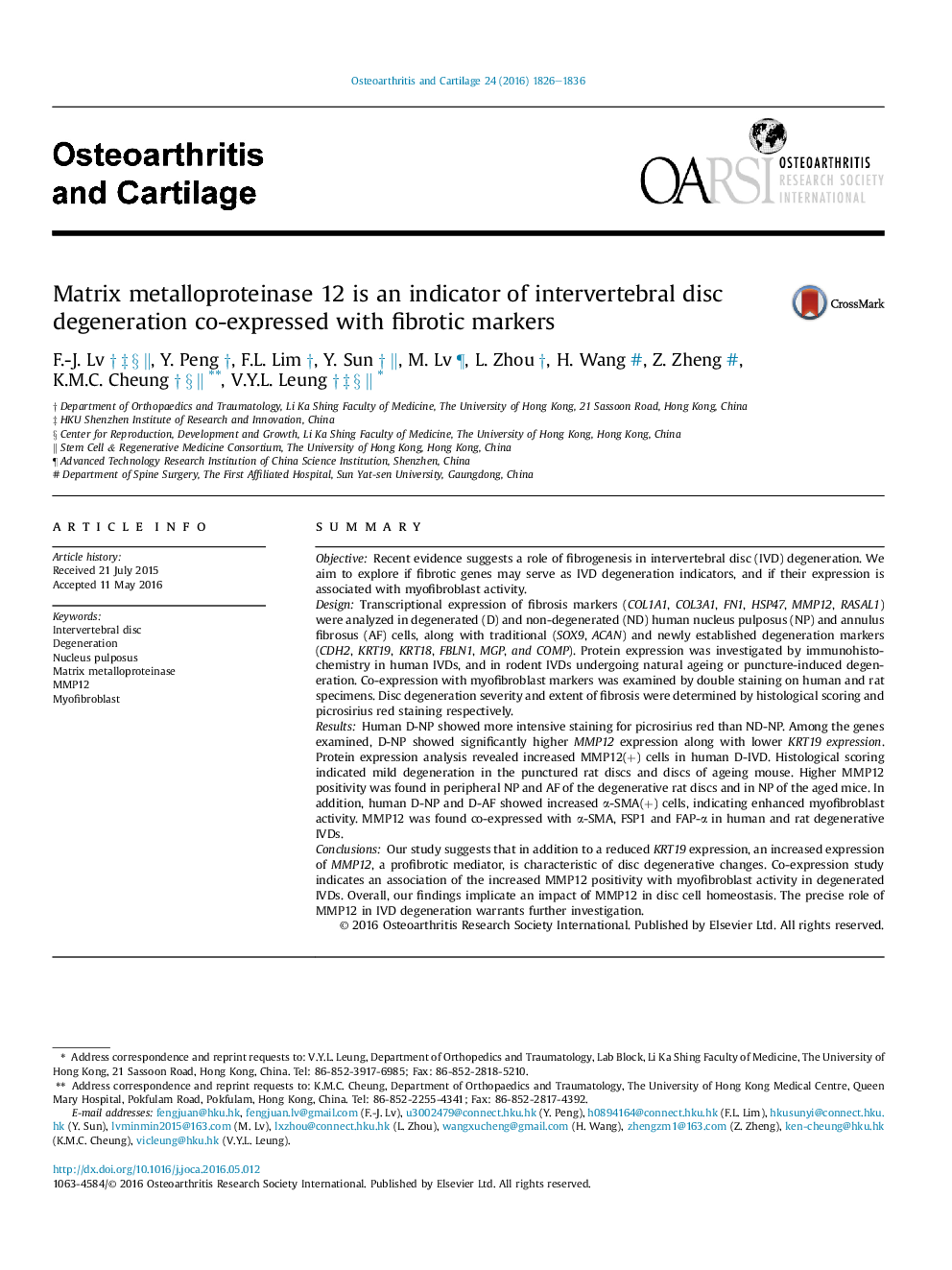 Matrix metalloproteinase 12 is an indicator of intervertebral disc degeneration co-expressed with fibrotic markers