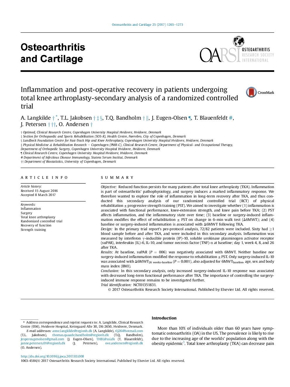 Inflammation and post-operative recovery in patients undergoing total knee arthroplasty-secondary analysis of a randomized controlled trial