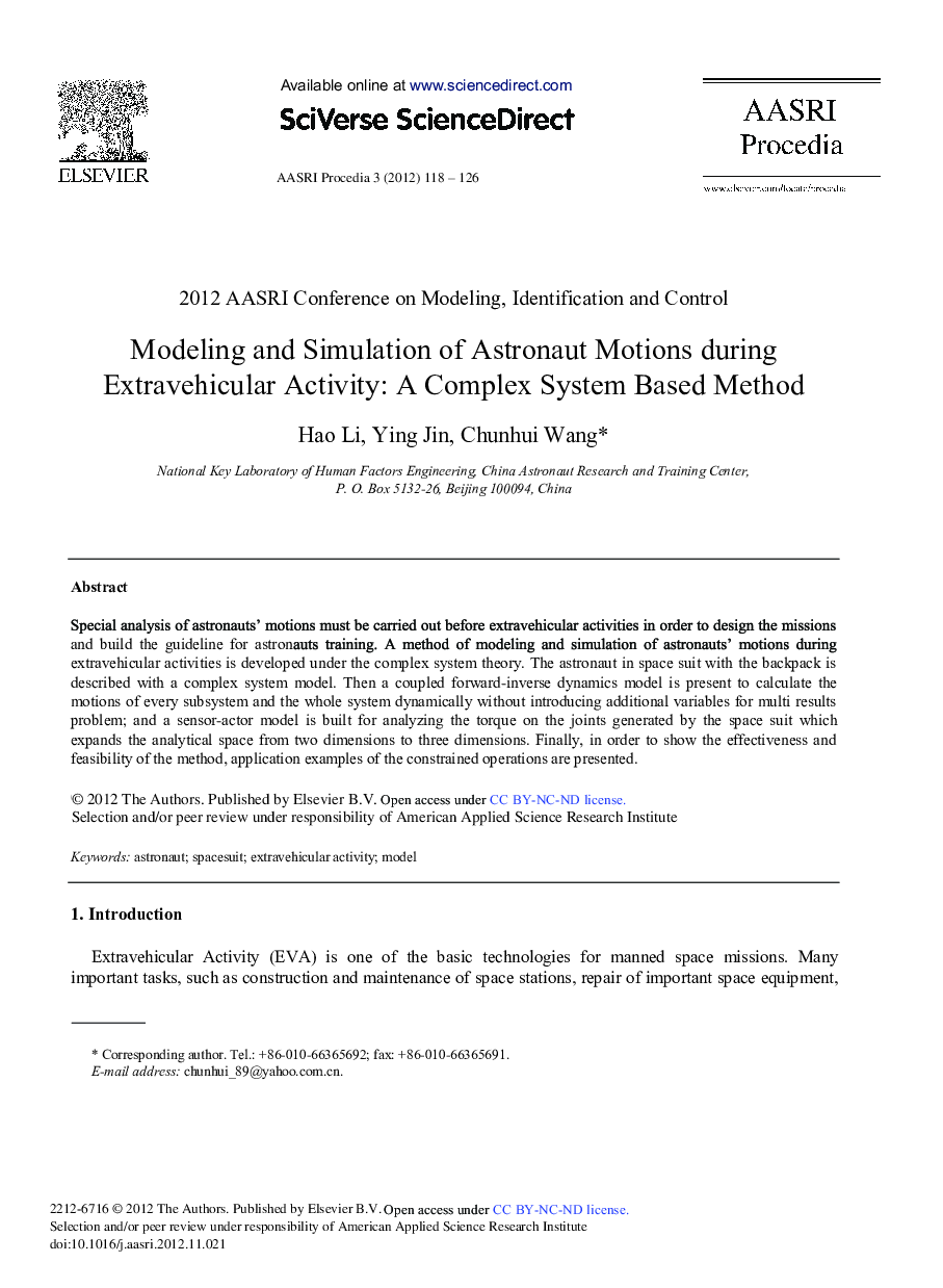 Modeling and Simulation of Astronaut Motions during Extravehicular Activity: A Complex System Based Method 