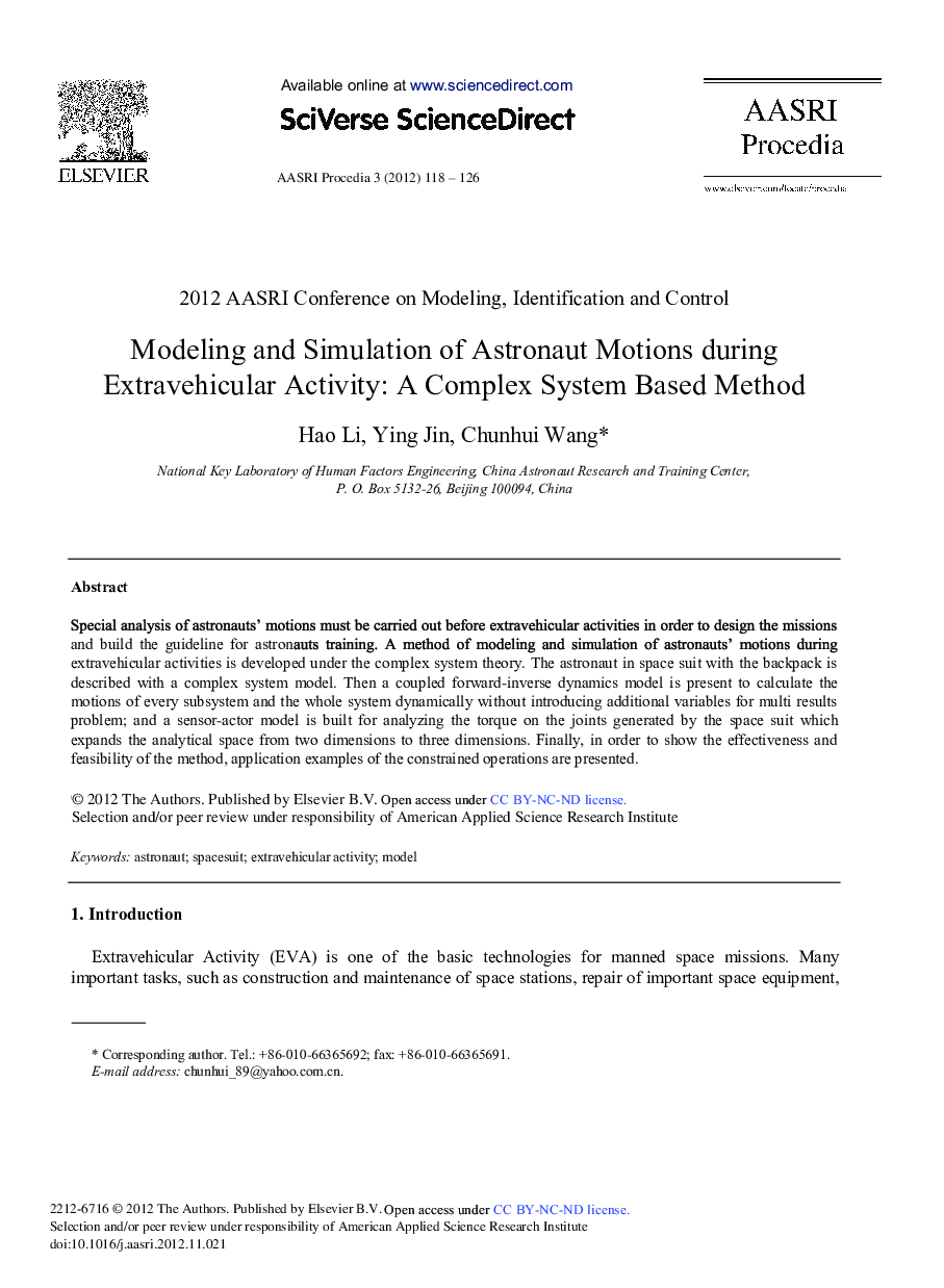عکس صفحه اول مقاله: Modeling and Simulation of Astronaut Motions during Extravehicular Activity: A Complex System Based Method Modeling and Simulation of Astronaut Motions during Extravehicular Activity: A Complex System Based Method