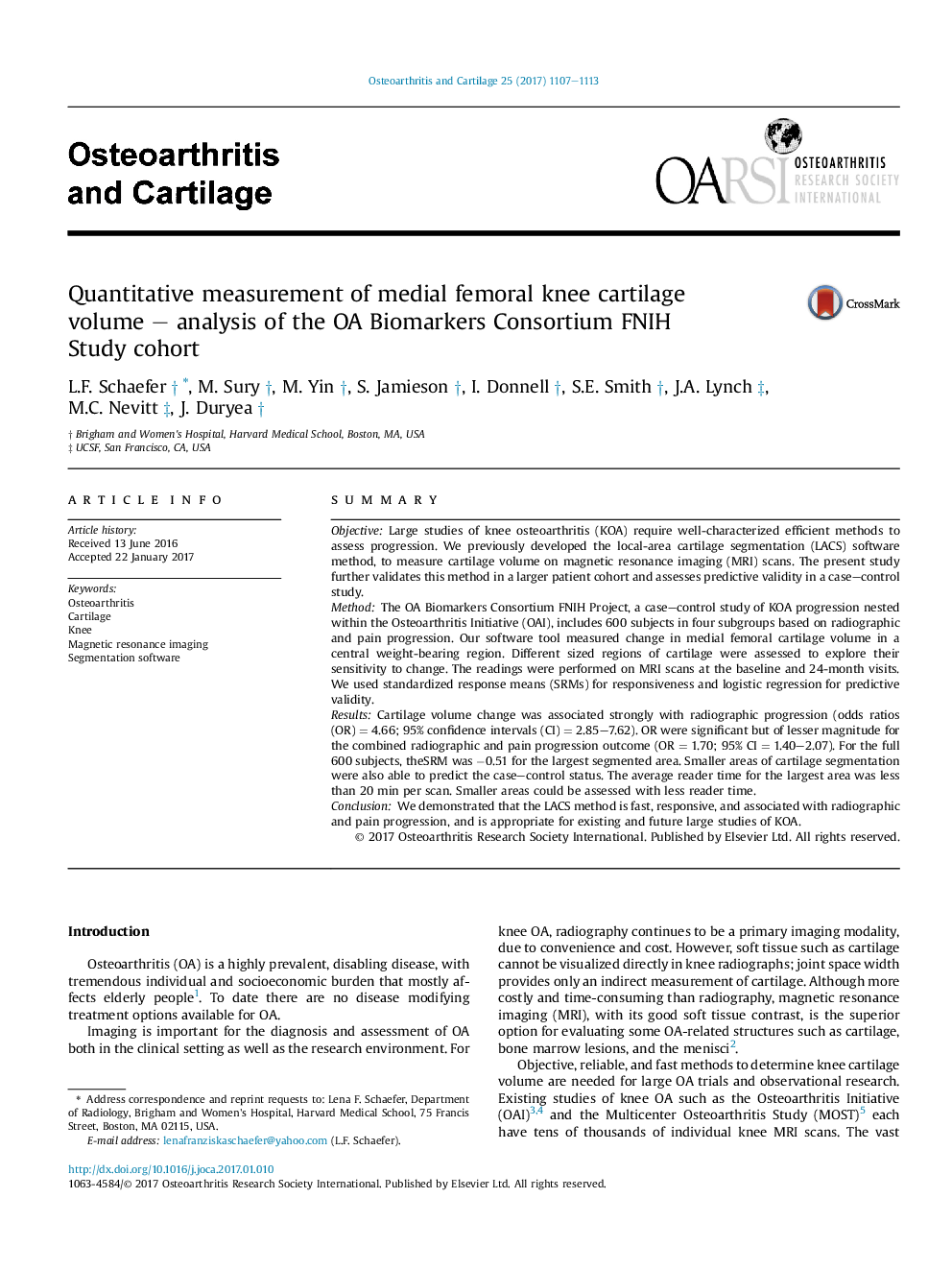 Quantitative measurement of medial femoral knee cartilage volume - analysis of the OA Biomarkers Consortium FNIH Study cohort