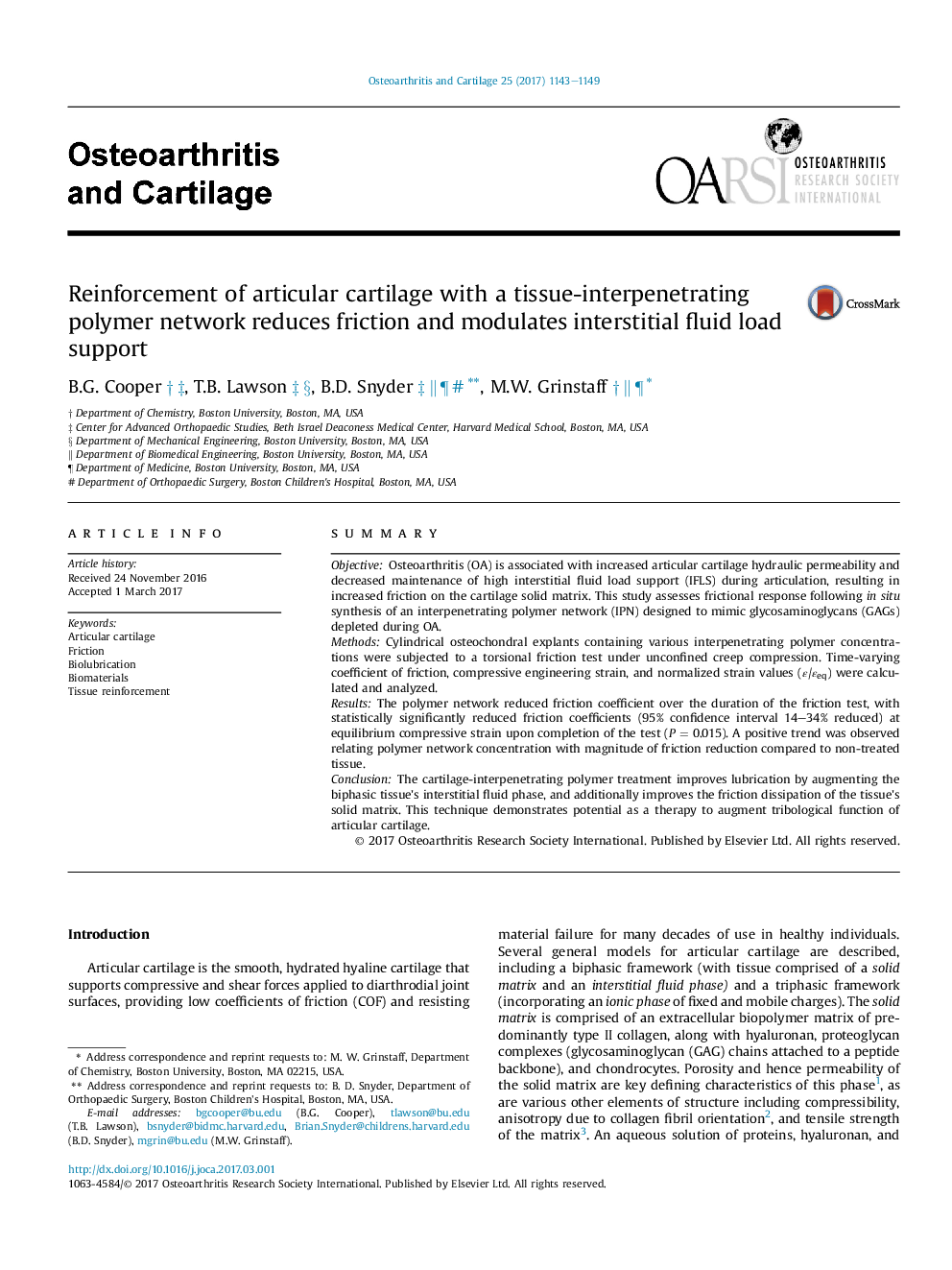 Reinforcement of articular cartilage with a tissue-interpenetrating polymer network reduces friction and modulates interstitial fluid load support