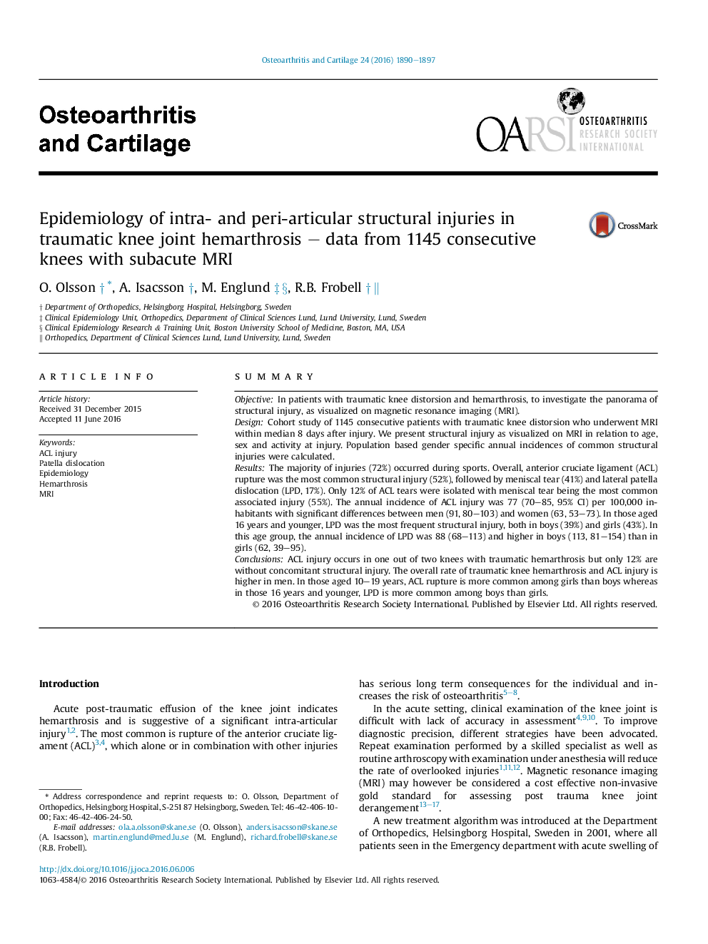 Epidemiology of intra- and peri-articular structural injuries in traumatic knee joint hemarthrosis - data from 1145 consecutive knees with subacute MRI