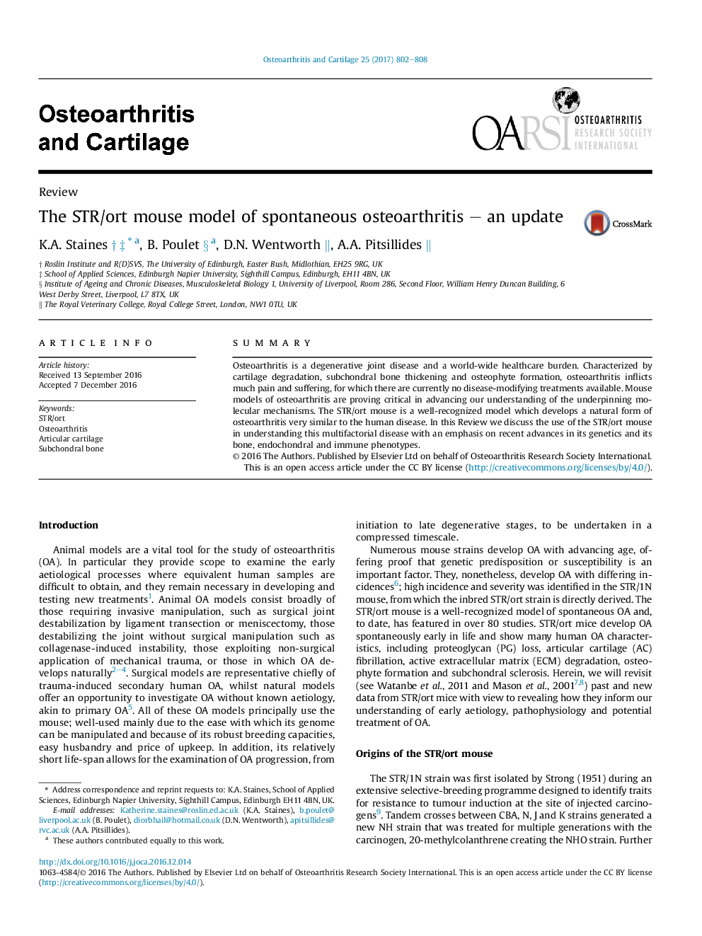 The STR/ort mouse model of spontaneous osteoarthritis - an update