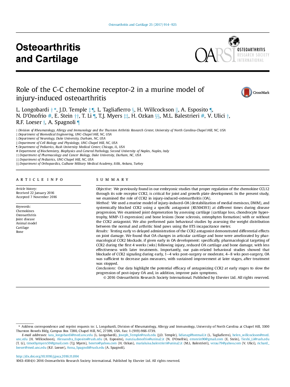 Role of the C-C chemokine receptor-2 in a murine model of injury-induced osteoarthritis