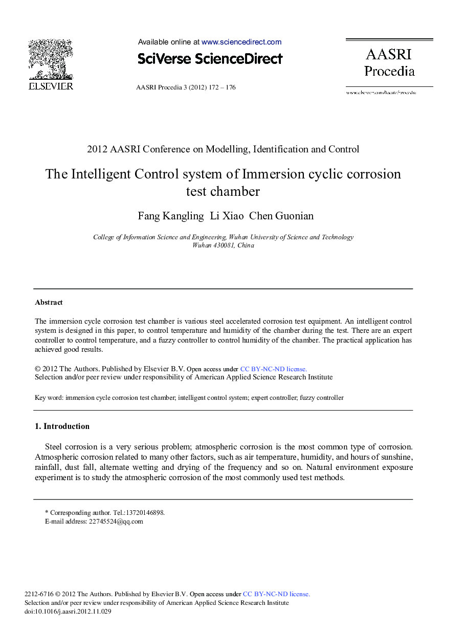 عکس صفحه اول مقاله: The Intelligent Control System of Immersion Cyclic Corrosion Test Chamber The Intelligent Control System of Immersion Cyclic Corrosion Test Chamber
