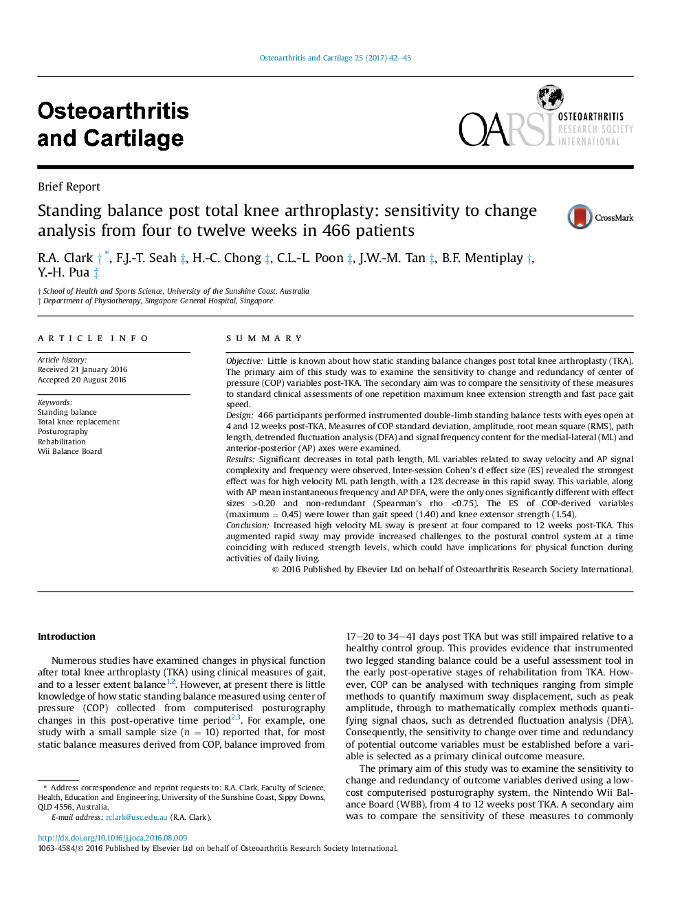 Standing balance post total knee arthroplasty: sensitivity to change analysis from four to twelve weeks in 466 patients