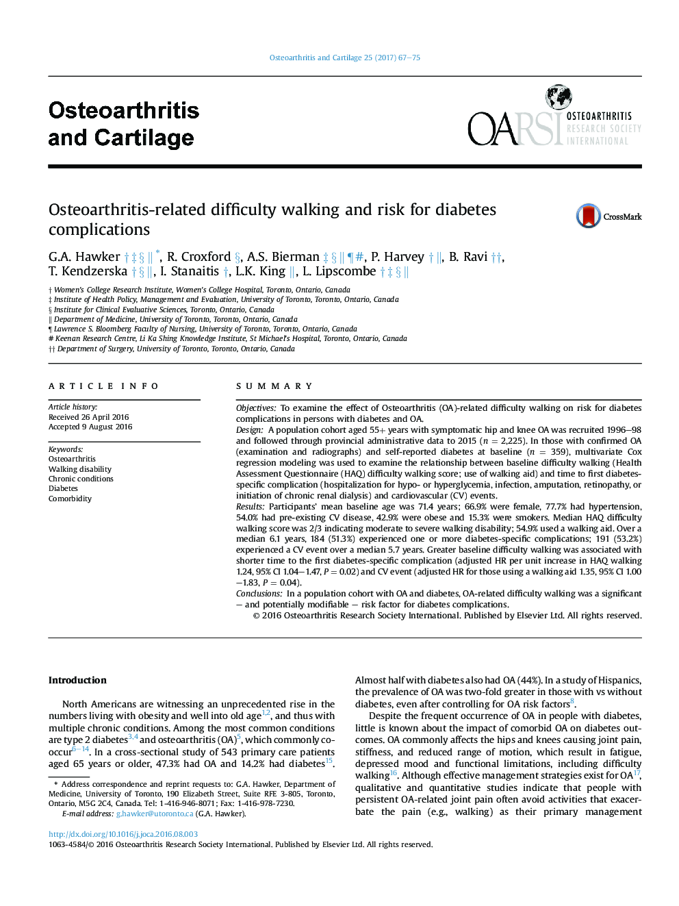 Osteoarthritis-related difficulty walking and risk for diabetes complications