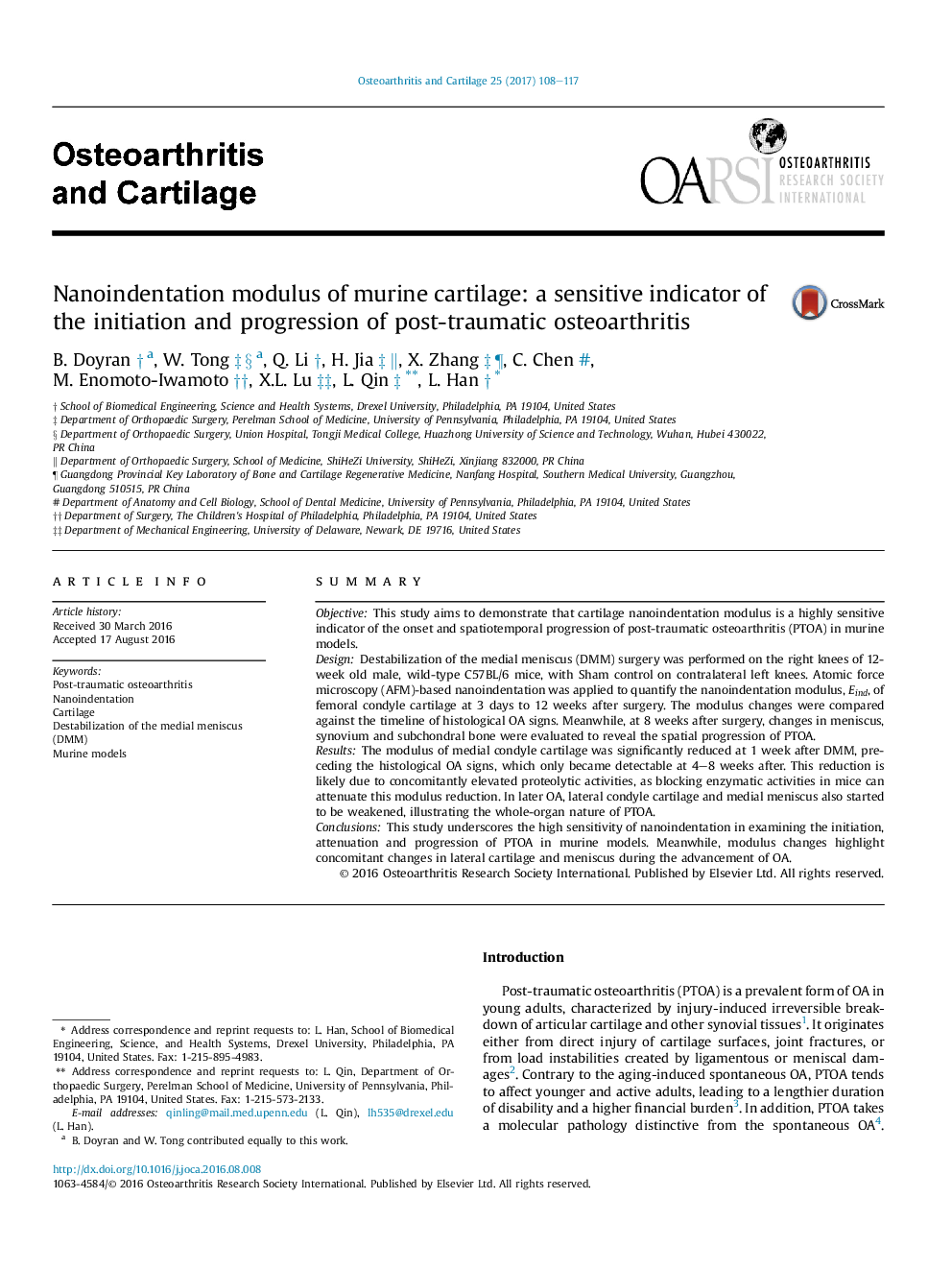 Nanoindentation modulus of murine cartilage: a sensitive indicator of the initiation and progression of post-traumatic osteoarthritis