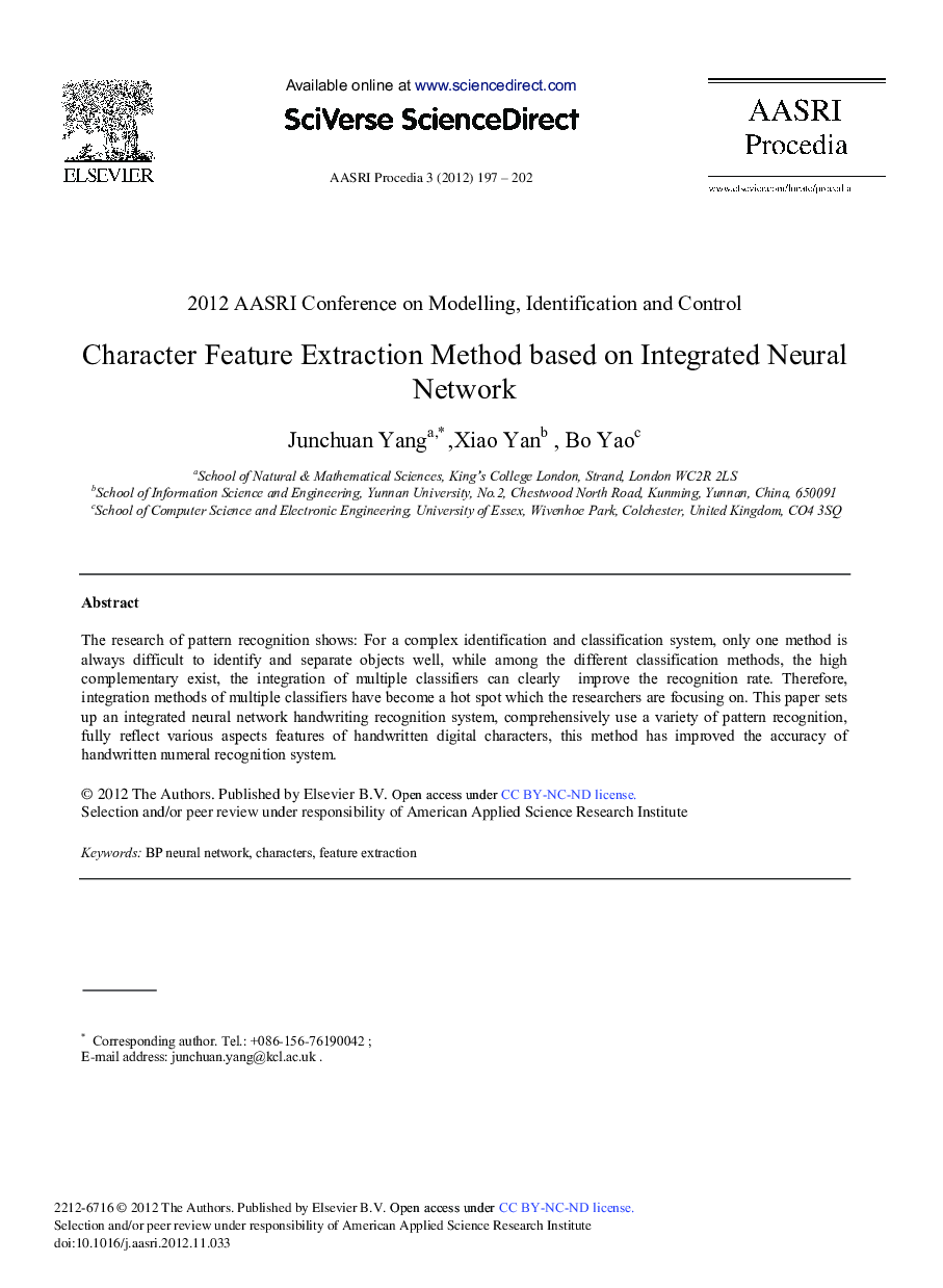 عکس صفحه اول مقاله: Character Feature Extraction Method based on Integrated Neural Network Character Feature Extraction Method based on Integrated Neural Network