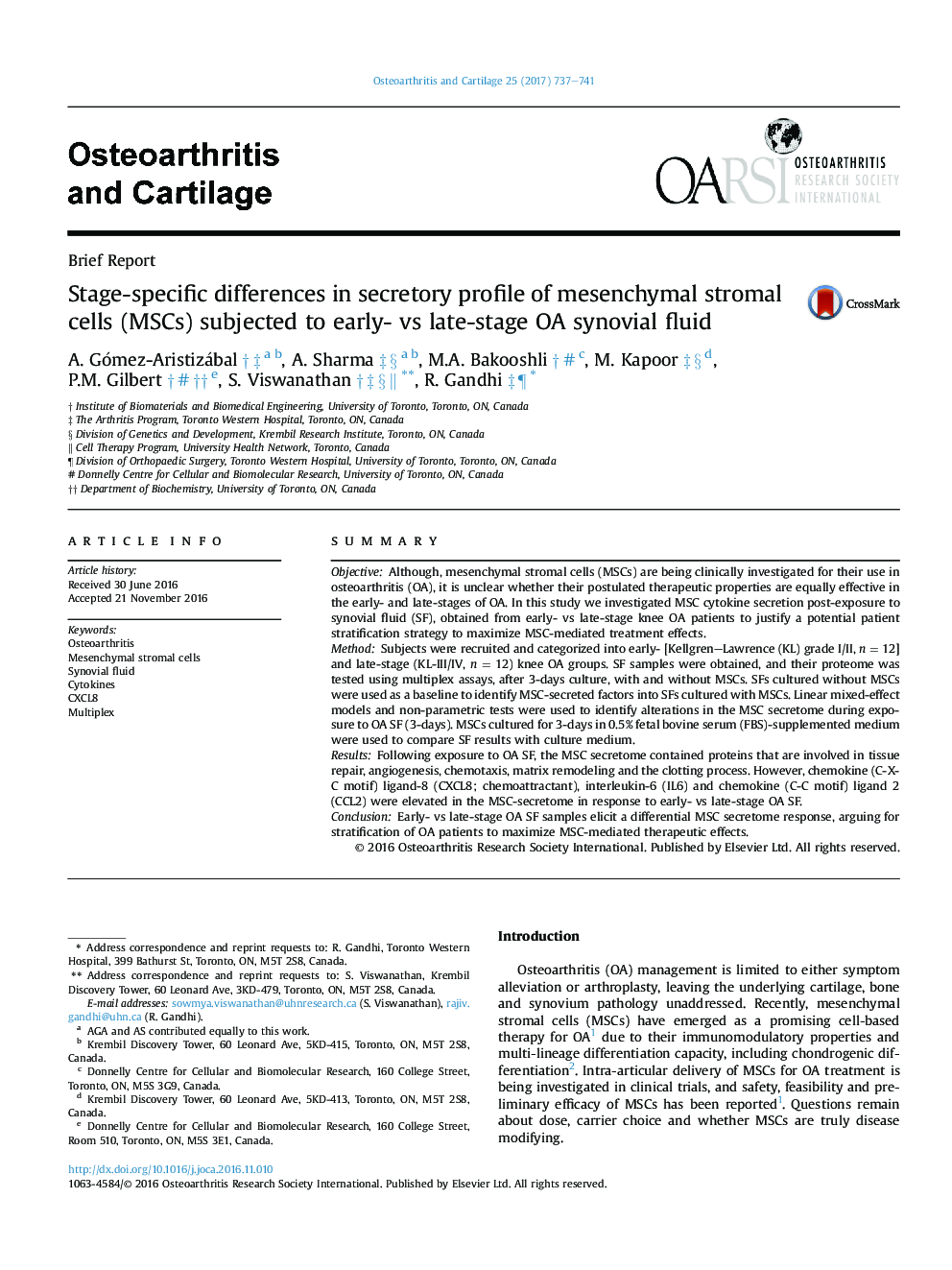 Stage-specific differences in secretory profile of mesenchymal stromal cells (MSCs) subjected to early- vsÂ late-stage OA synovial fluid