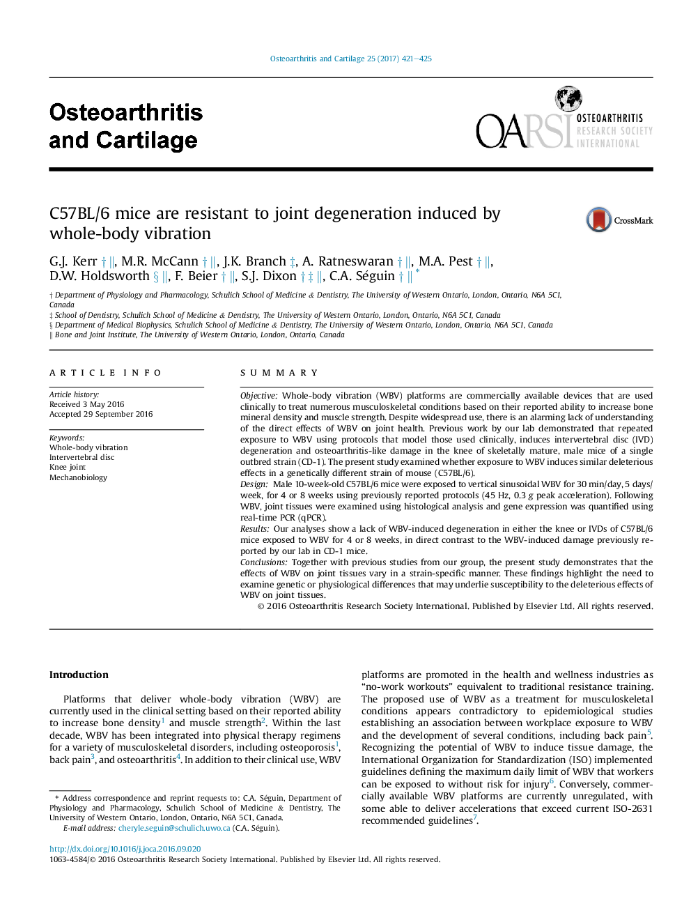 C57BL/6 mice are resistant to joint degeneration induced by whole-body vibration