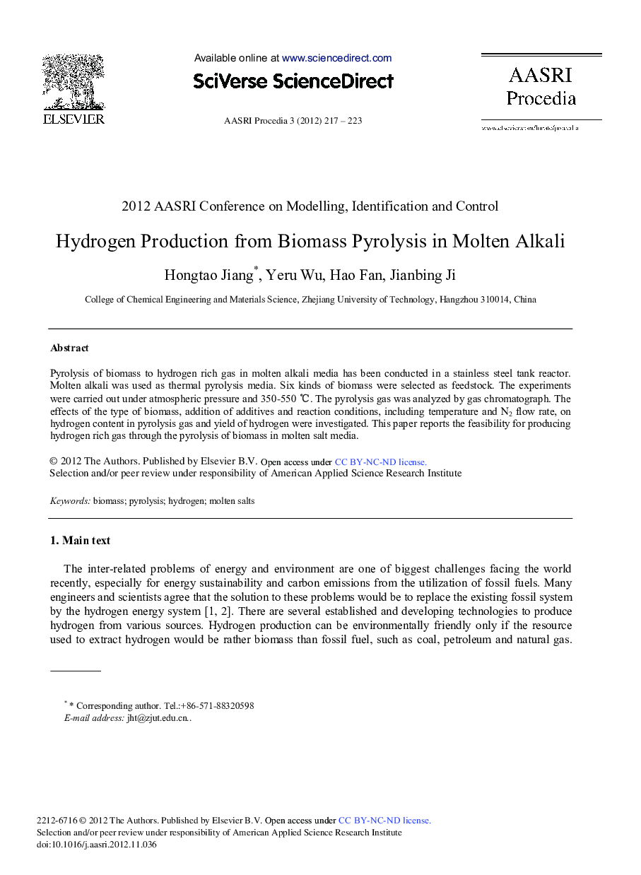 Hydrogen Production from Biomass Pyrolysis in Molten Alkali 