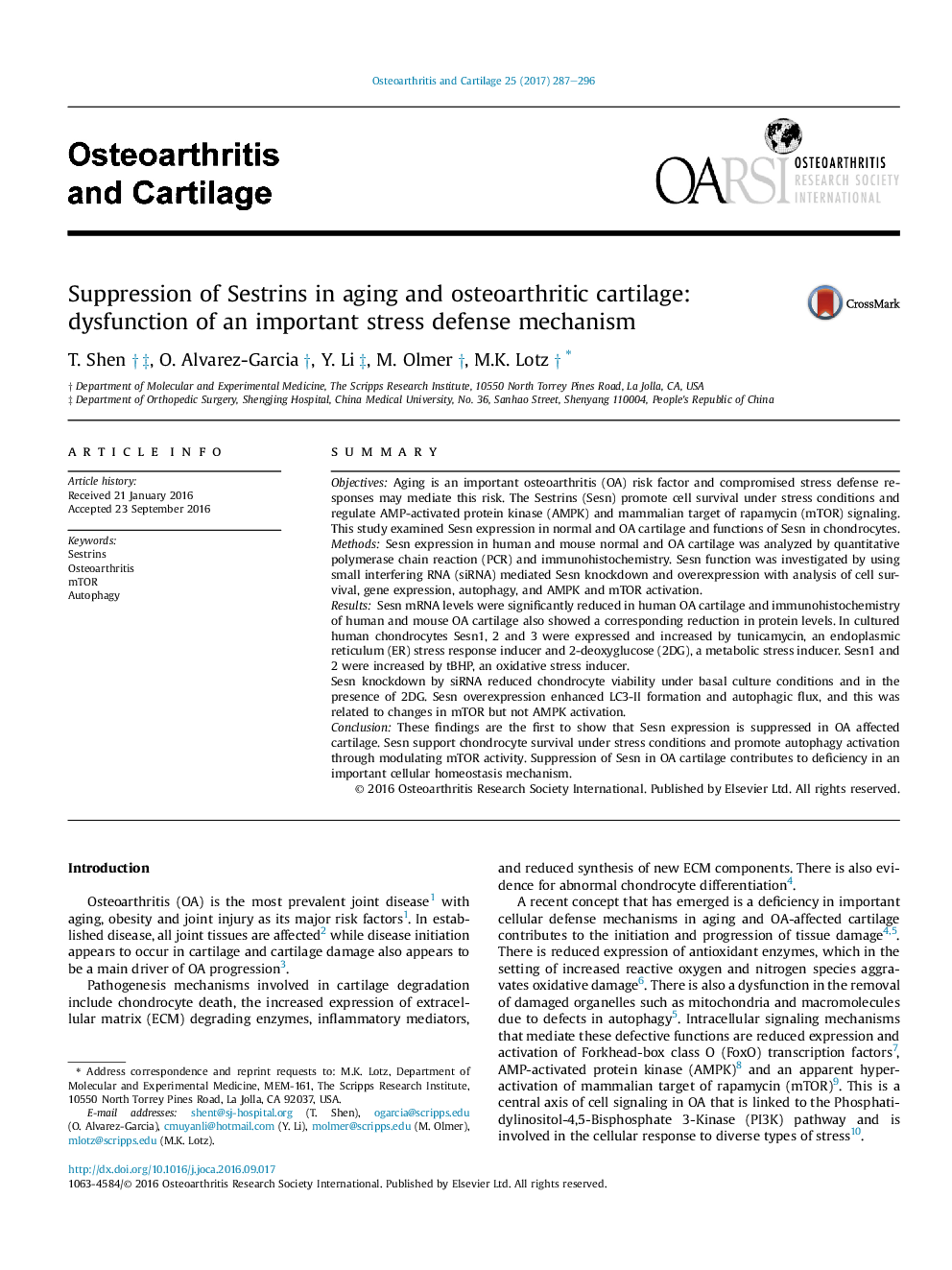 Suppression of Sestrins in aging and osteoarthritic cartilage: dysfunction of an important stress defense mechanism