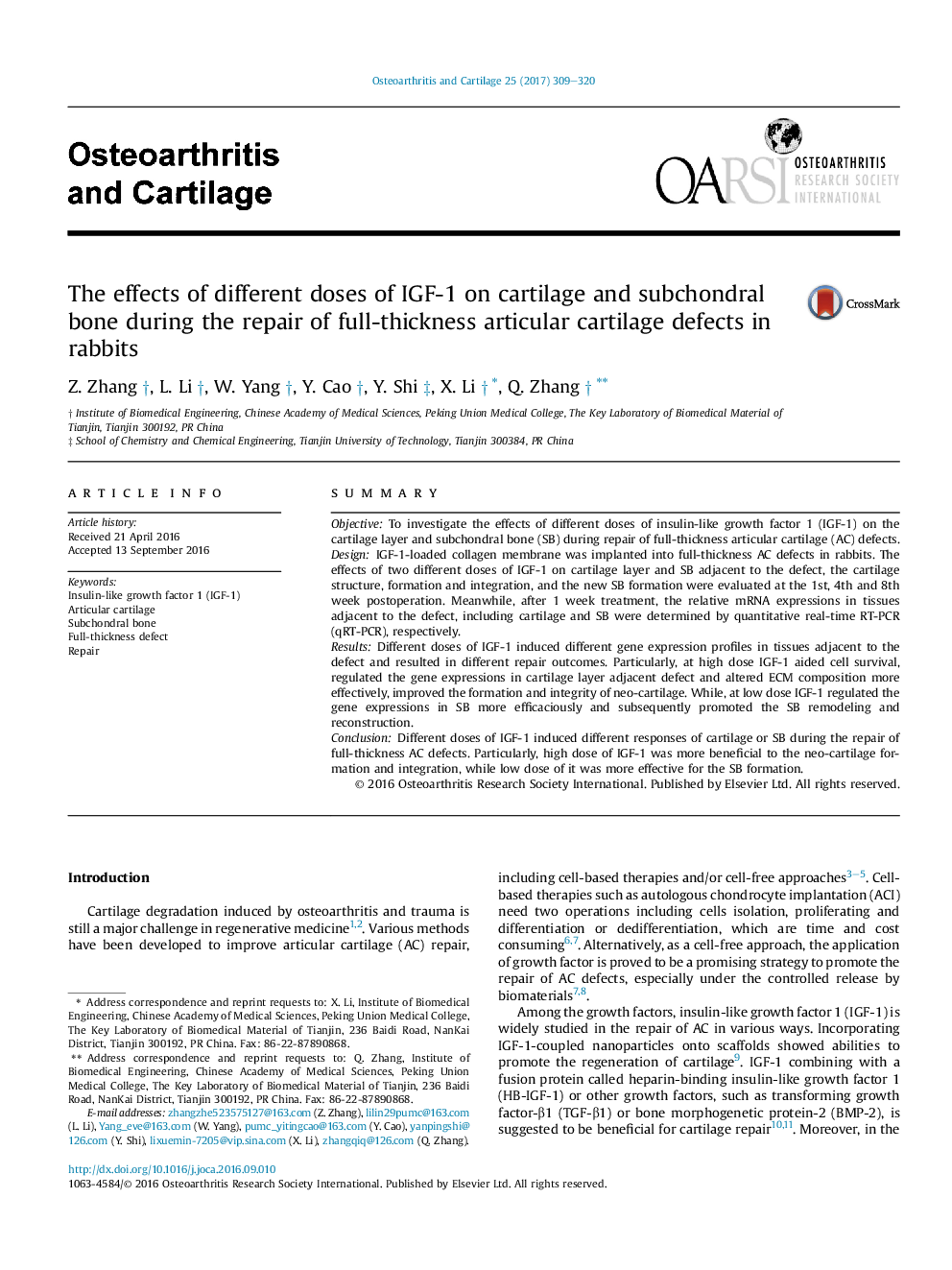 The effects of different doses of IGF-1 on cartilage and subchondral bone during the repair of full-thickness articular cartilage defects in rabbits