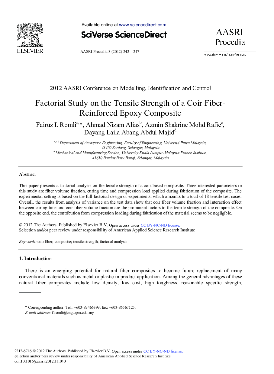 عکس صفحه اول مقاله: Factorial Study on the Tensile Strength of a Coir Fiber-Reinforced Epoxy Composite Factorial Study on the Tensile Strength of a Coir Fiber-Reinforced Epoxy Composite