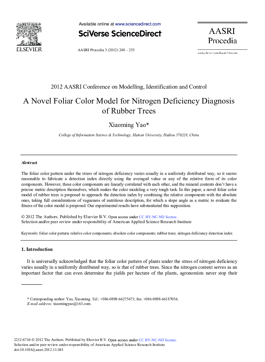 A Novel Foliar Color Model for Nitrogen Deficiency Diagnosis of Rubber Trees 