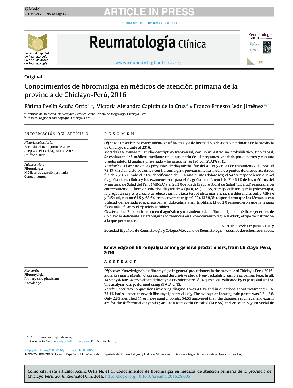 Conocimientos de fibromialgia en médicos de atención primaria de la provincia de Chiclayo-Perú, 2016