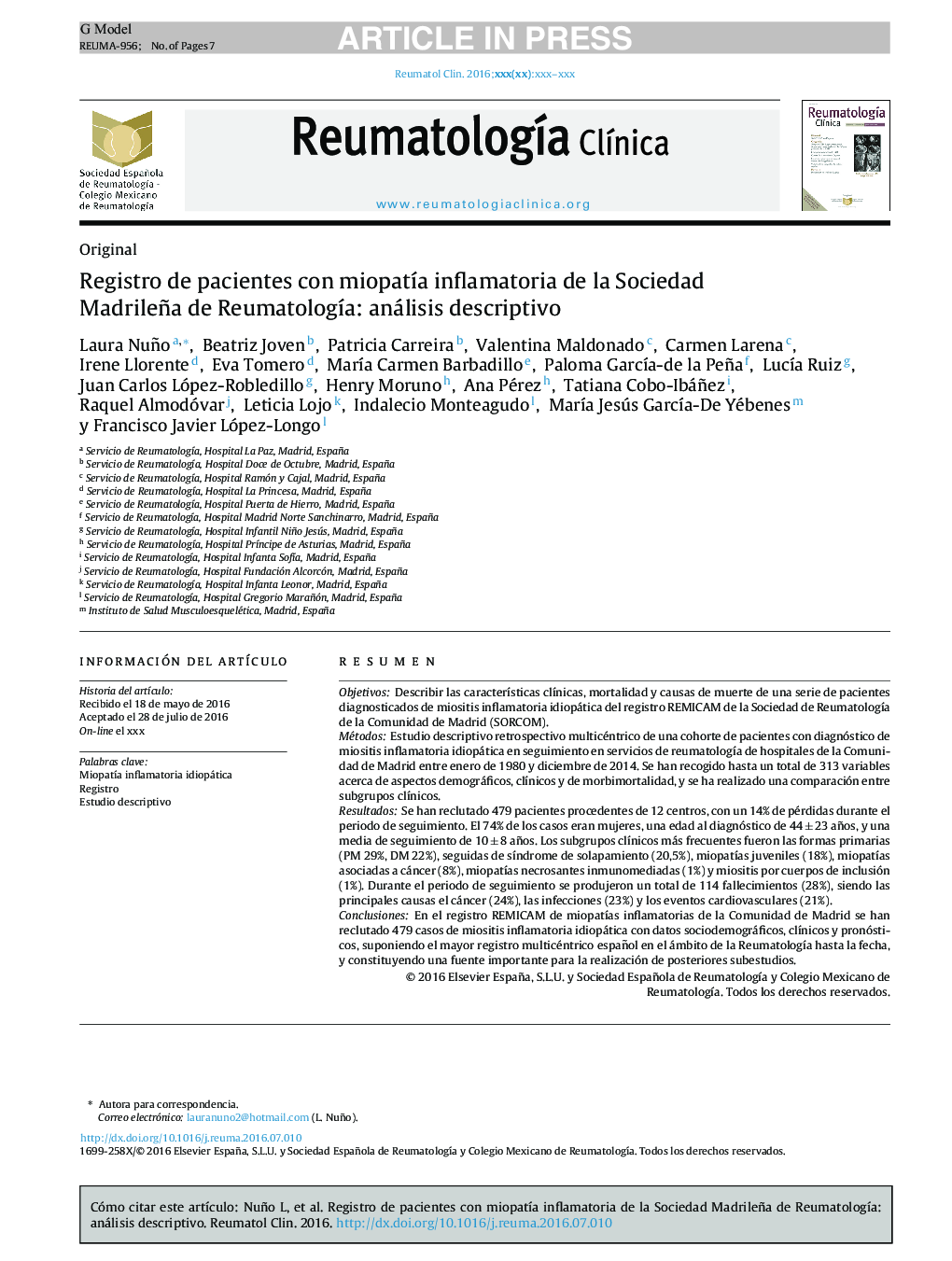 Registro de pacientes con miopatÃ­a inflamatoria de la Sociedad Madrileña de ReumatologÃ­a: análisis descriptivo
