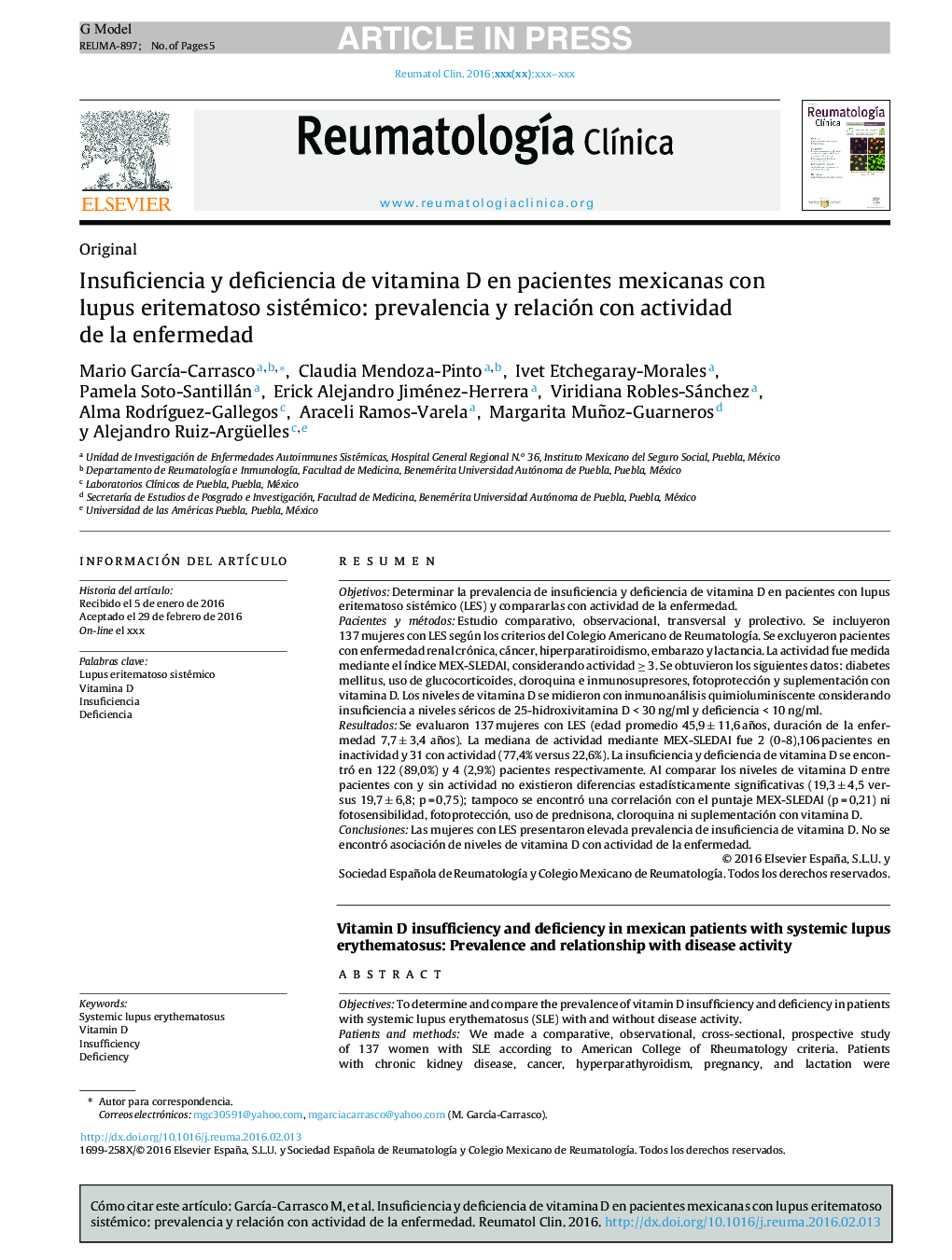 Insuficiencia y deficiencia de vitamina D en pacientes mexicanas con lupus eritematoso sistémico: prevalencia y relación con actividad de la enfermedad