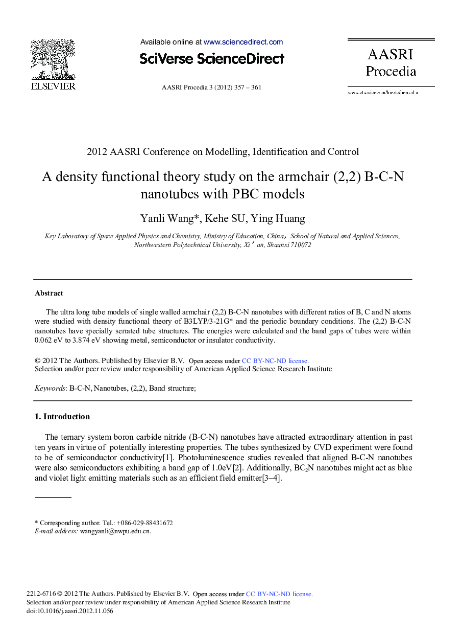 عکس صفحه اول مقاله: A Density Functional Theory Study on the Armchair (2,2) B-C-N Nanotubes with PBC Models A Density Functional Theory Study on the Armchair (2,2) B-C-N Nanotubes with PBC Models