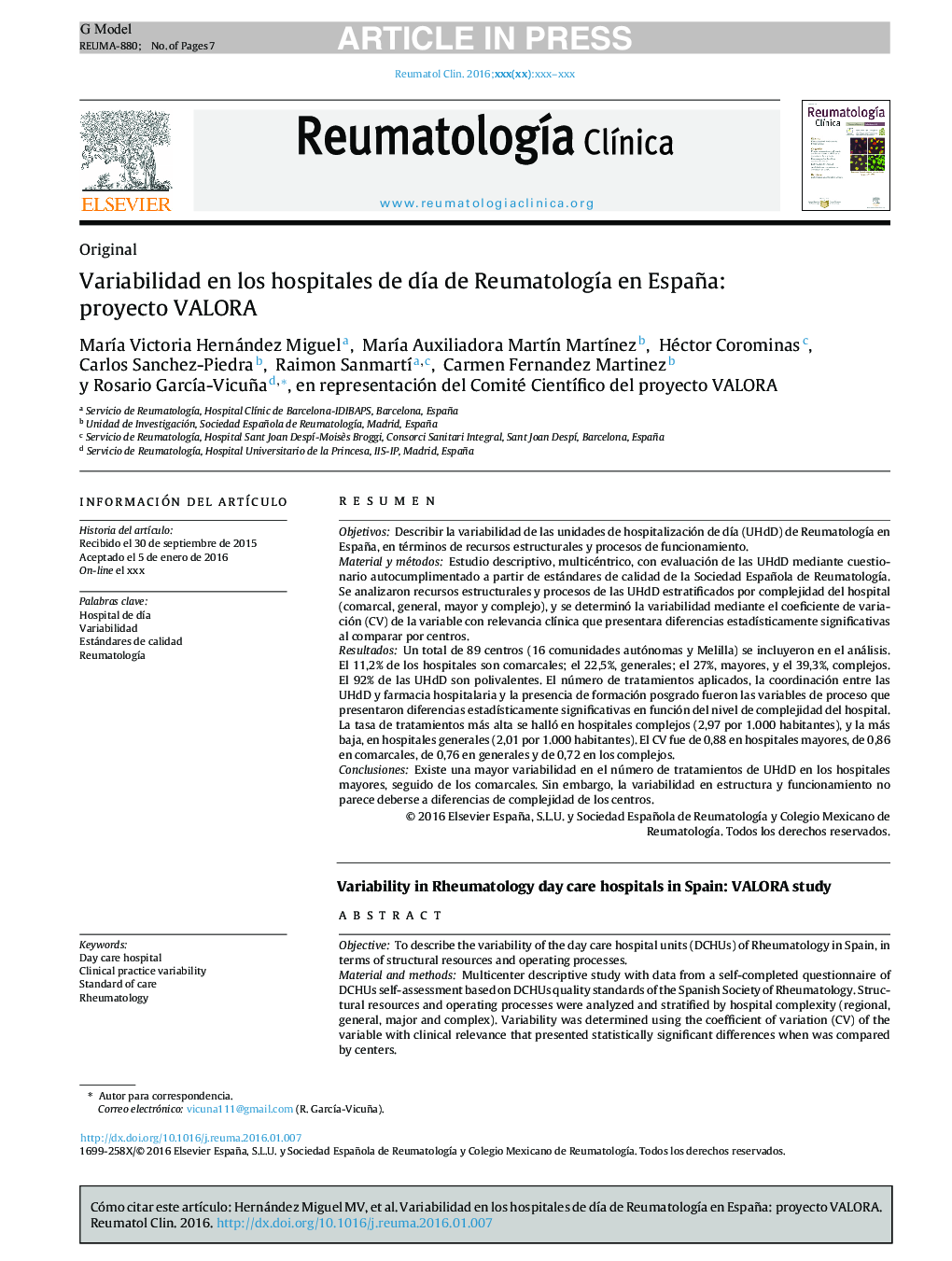 Variabilidad en los hospitales de dÃ­a de ReumatologÃ­a en España: proyecto VALORA