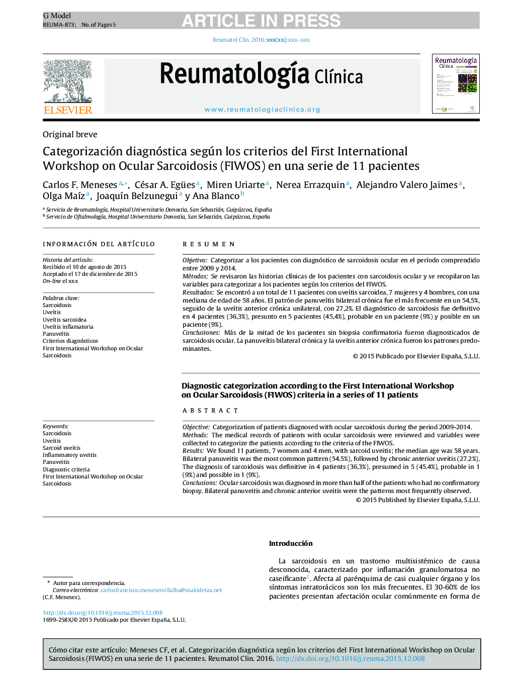 Categorización diagnóstica según los criterios del First International Workshop on Ocular Sarcoidosis (FIWOS) en una serie de 11 pacientes