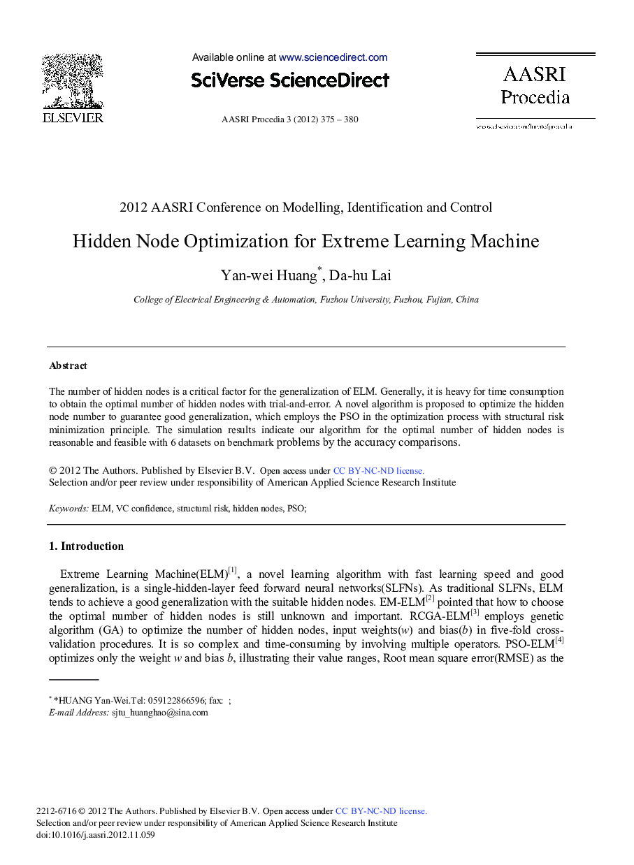 عکس صفحه اول مقاله: Hidden Node Optimization for Extreme Learning Machine Hidden Node Optimization for Extreme Learning Machine