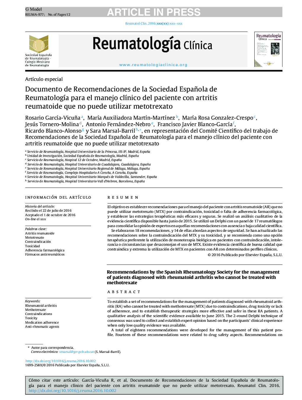 Documento de Recomendaciones de la Sociedad Española de ReumatologÃ­a para el manejo clÃ­nico del paciente con artritis reumatoide que no puede utilizar metotrexato