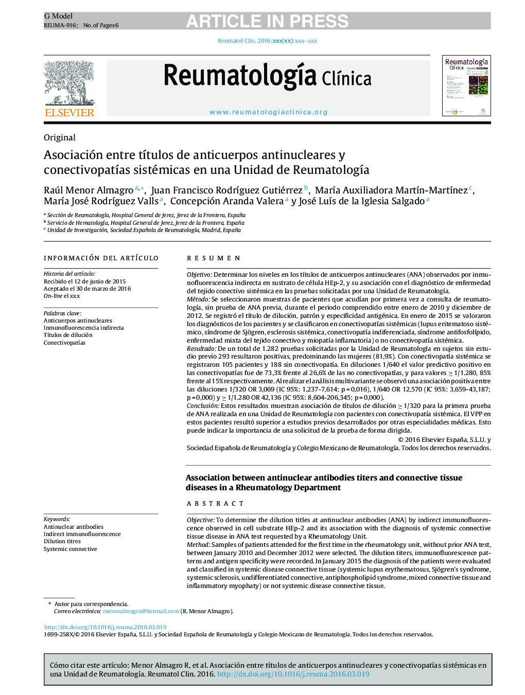 Asociación entre tÃ­tulos de anticuerpos antinucleares y conectivopatÃ­as sistémicas en una Unidad de ReumatologÃ­a