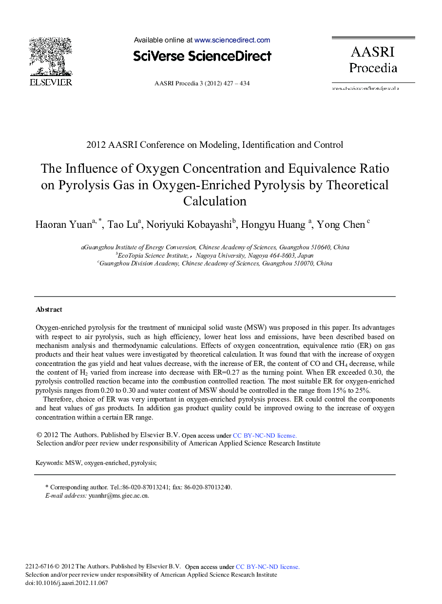 عکس صفحه اول مقاله: The Influence of Oxygen Concentration and Equivalence Ratio on Pyrolysis Gas in Oxygen-Enriched Pyrolysis by Theoretical Calculation The Influence of Oxygen Concentration and Equivalence Ratio on Pyrolysis Gas in Oxygen-Enriched Pyrolysis by Theoretical Calculation