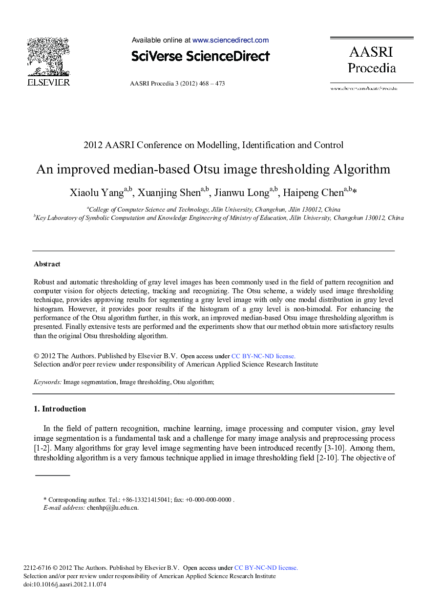 عکس صفحه اول مقاله: An Improved Median-based Otsu Image Thresholding Algorithm An Improved Median-based Otsu Image Thresholding Algorithm
