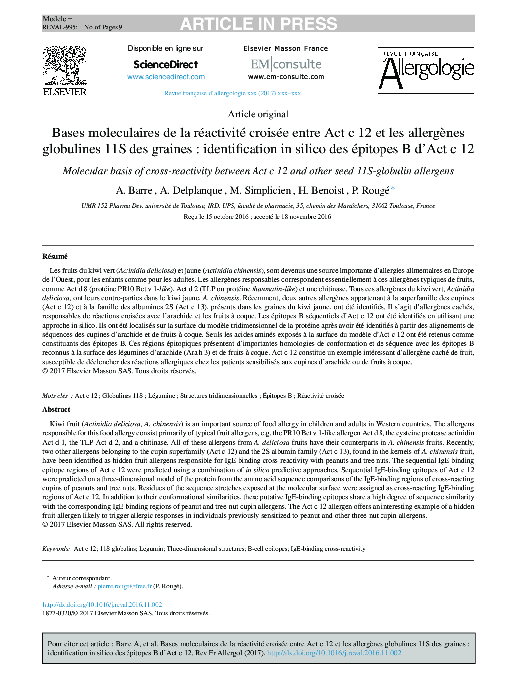 Bases moleculaires de la réactivité croisée entre ActÂ cÂ 12Â et les allergÃ¨nes globulinesÂ 11S des grainesÂ : identification in silico des épitopesÂ B d'ActÂ cÂ 12