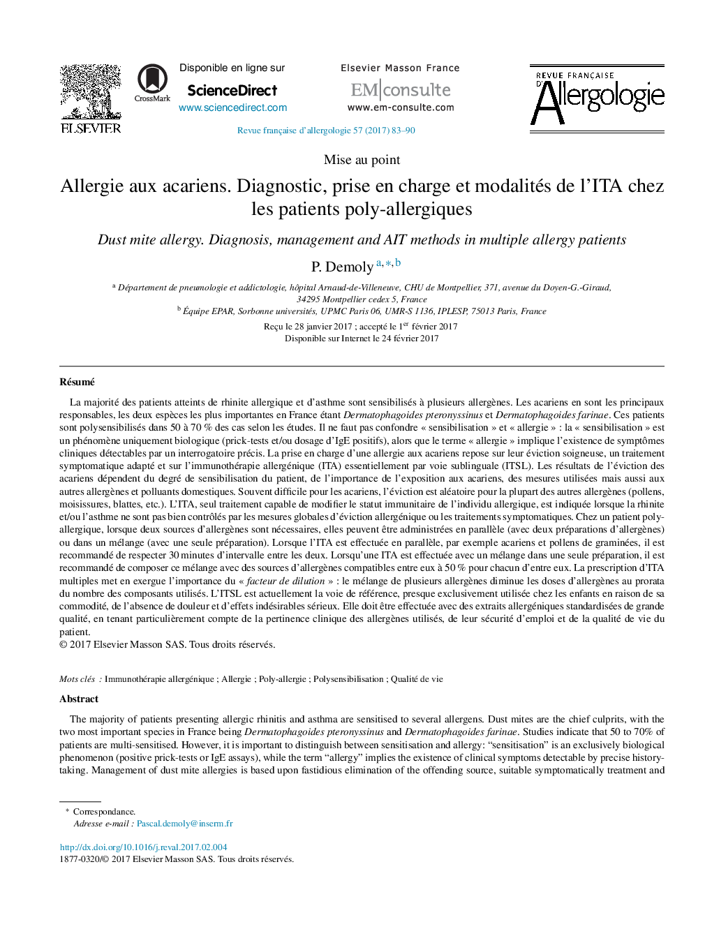 Allergie aux acariens. Diagnostic, prise en charge et modalités de l'ITA chez les patients poly-allergiques